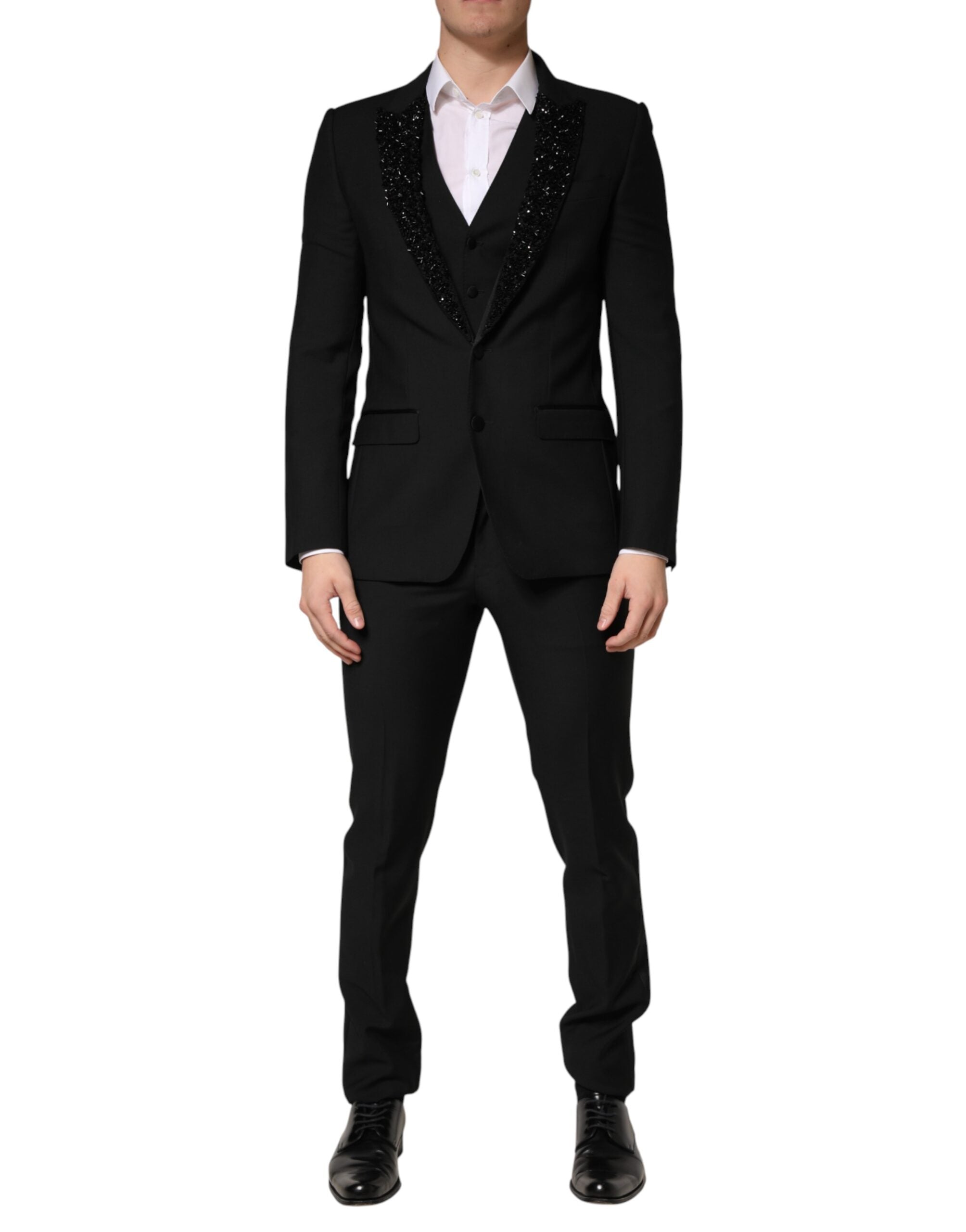 Costume trois pièces pour homme Dolce & Gabbana en laine noire, veste à simple boutonnage, pantalon et gilet élégants.