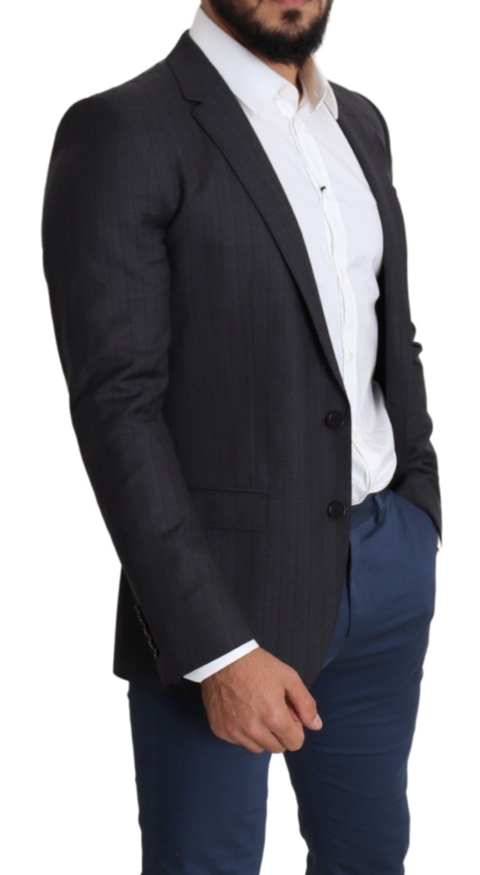 Manteau noir en laine Dolce & Gabbana, blazer à un bouton, coupe classique, porté sur un mannequin.