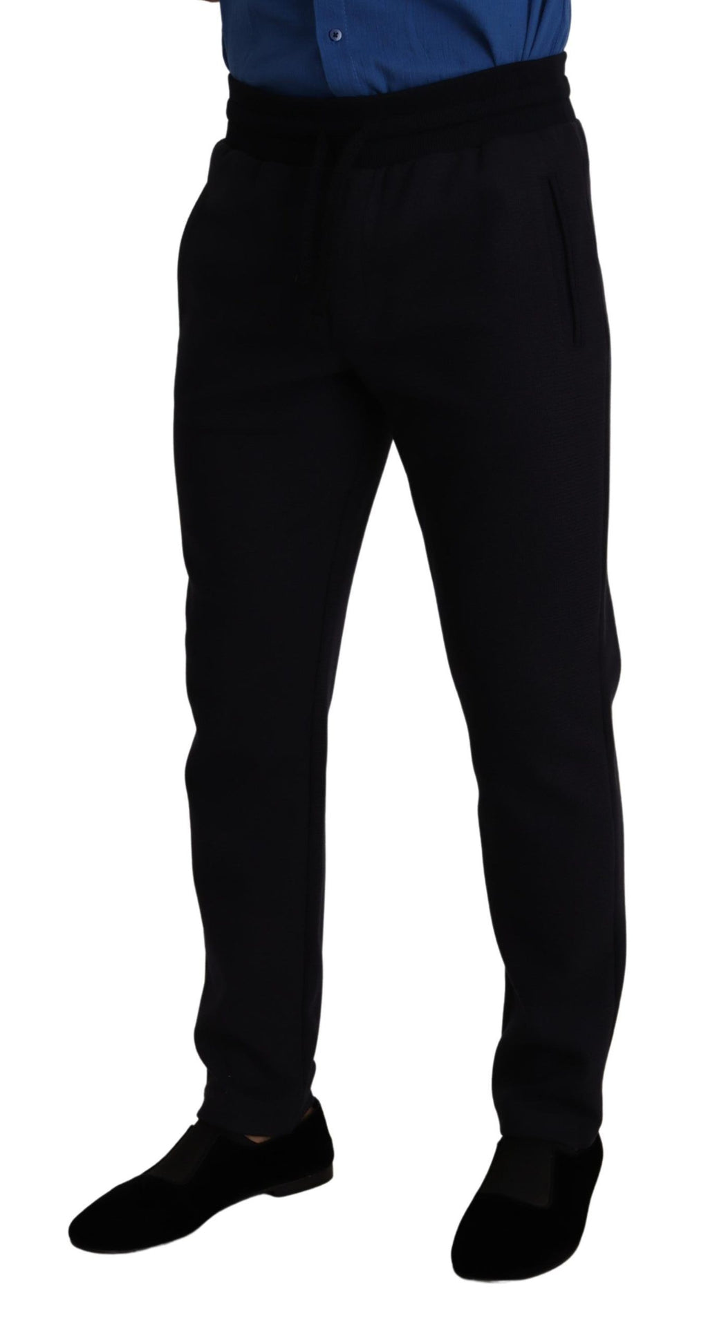Pantalon de jogging en coton stretch bleu Dolce & Gabbana, style décontracté, avec ceinture élastique et poches latérales.