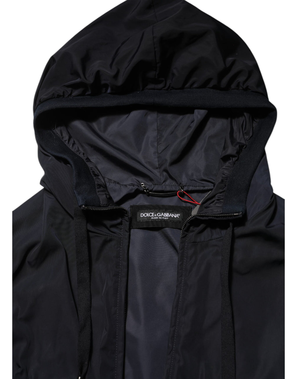 Veste bomber à capuche Dolce & Gabbana avec bande logo bleue et fermeture éclair complète, style décontracté et tendance.