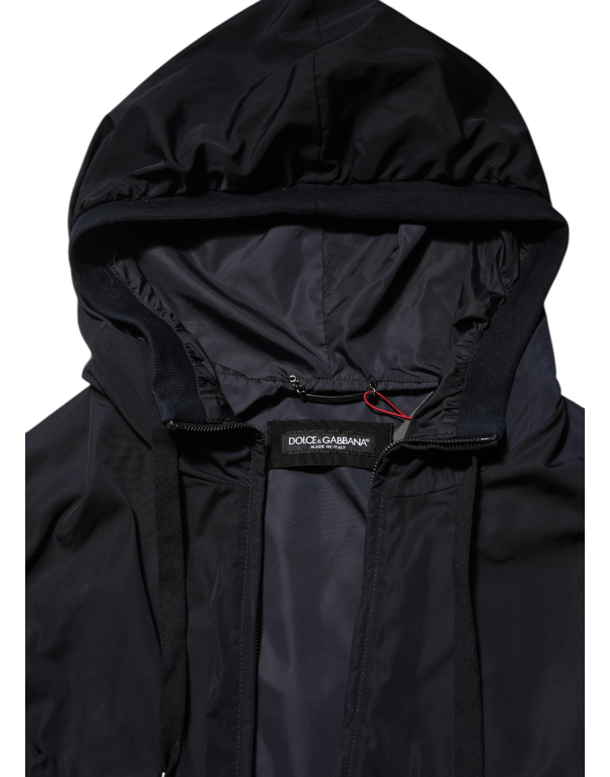 Veste bomber à capuche Dolce & Gabbana avec bande logo bleue et fermeture éclair complète, style décontracté et tendance.