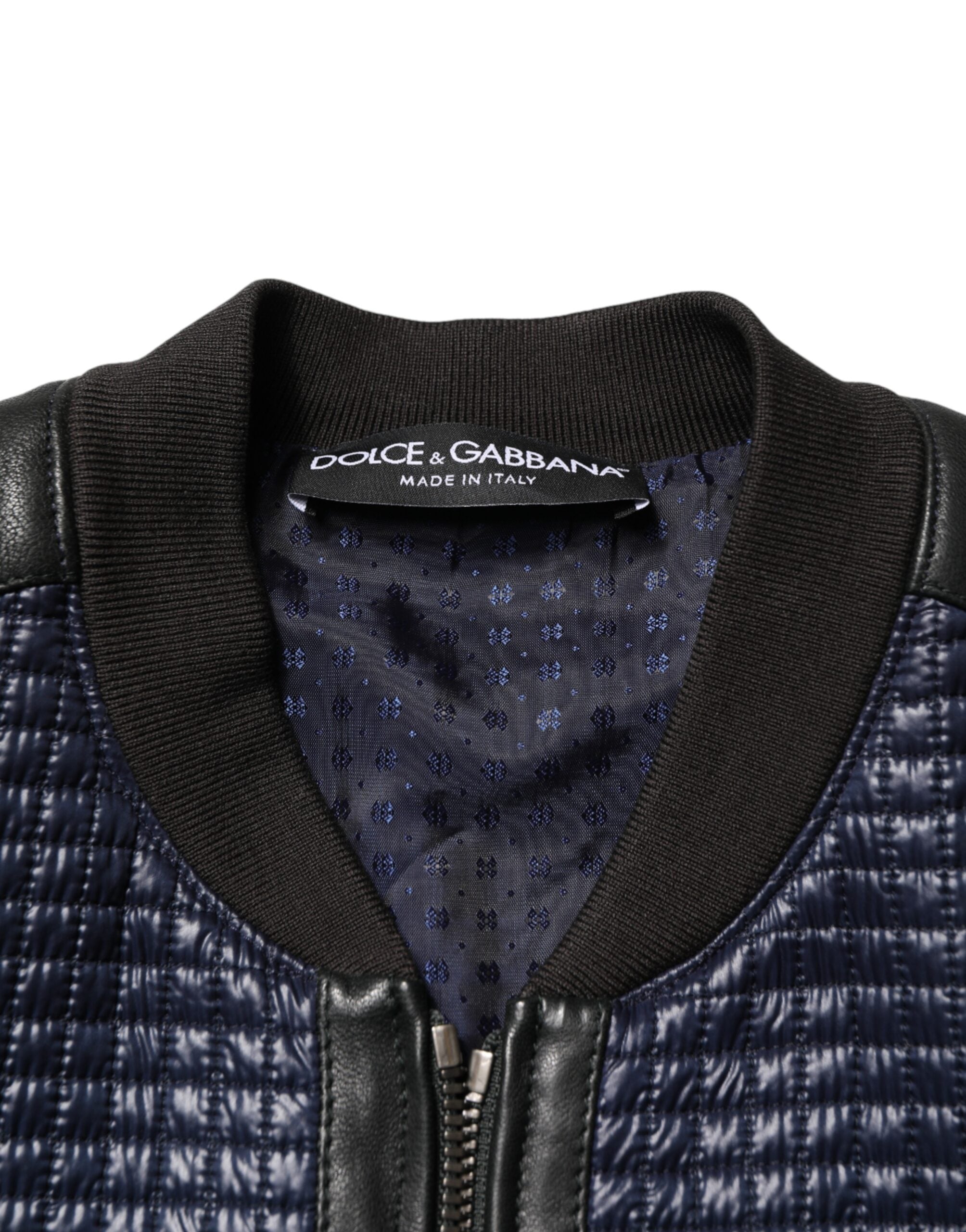 Veste bomber homme Dolce & Gabbana en nylon bleu avec fermeture éclair complète et col montant, style moderne et décontracté.