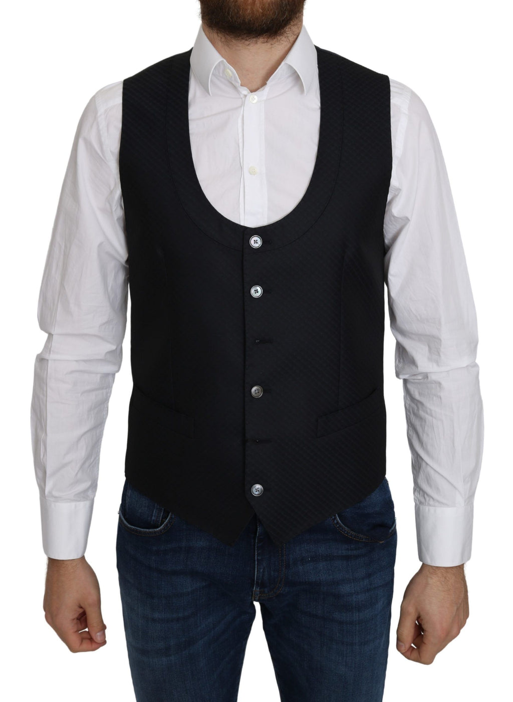 Gilet formel en soie bleu à motif en losange de Dolce & Gabbana, veston élégant pour homme.