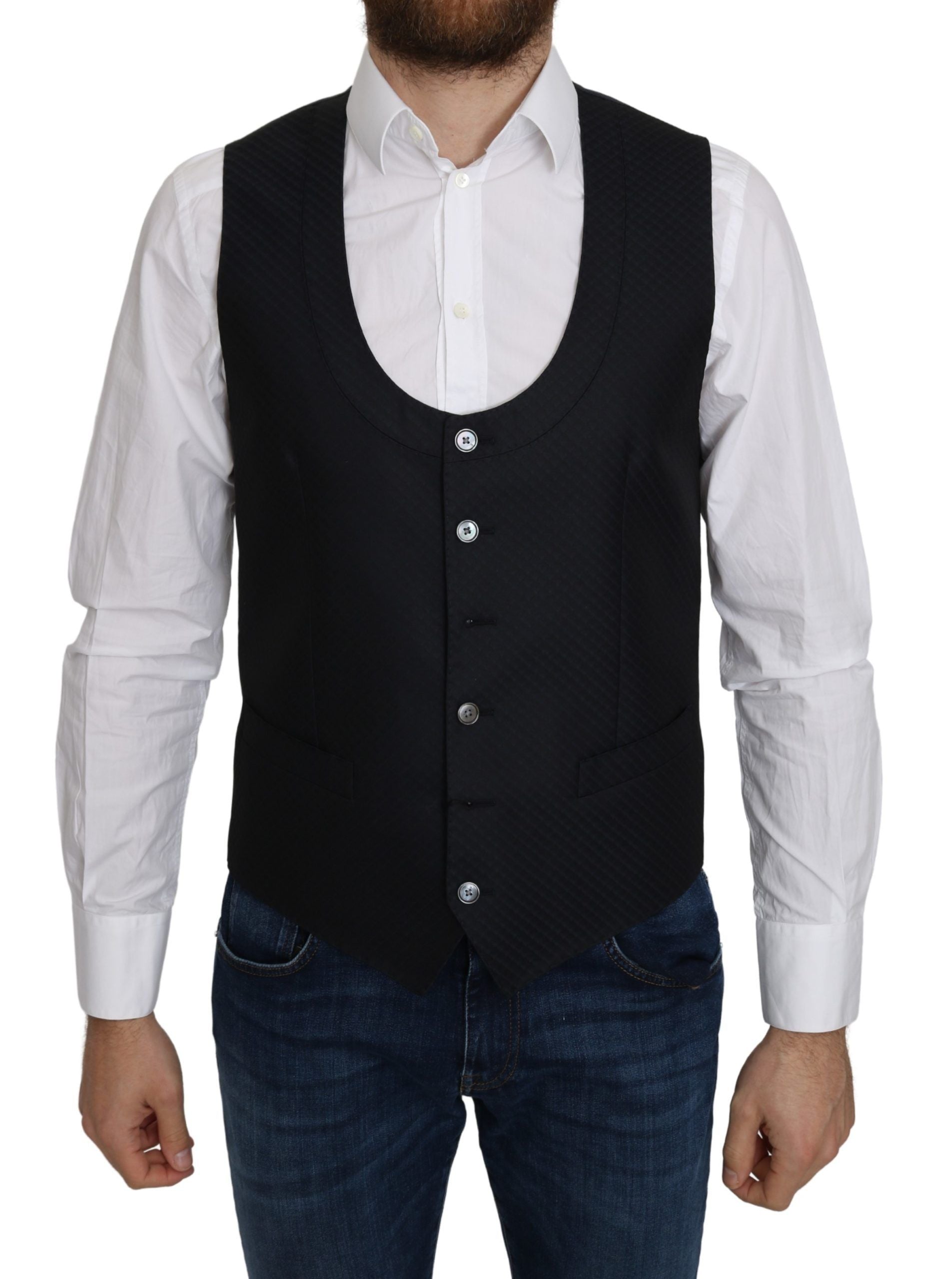 Gilet formel en soie bleu à motif en losange de Dolce & Gabbana, veston élégant pour homme.