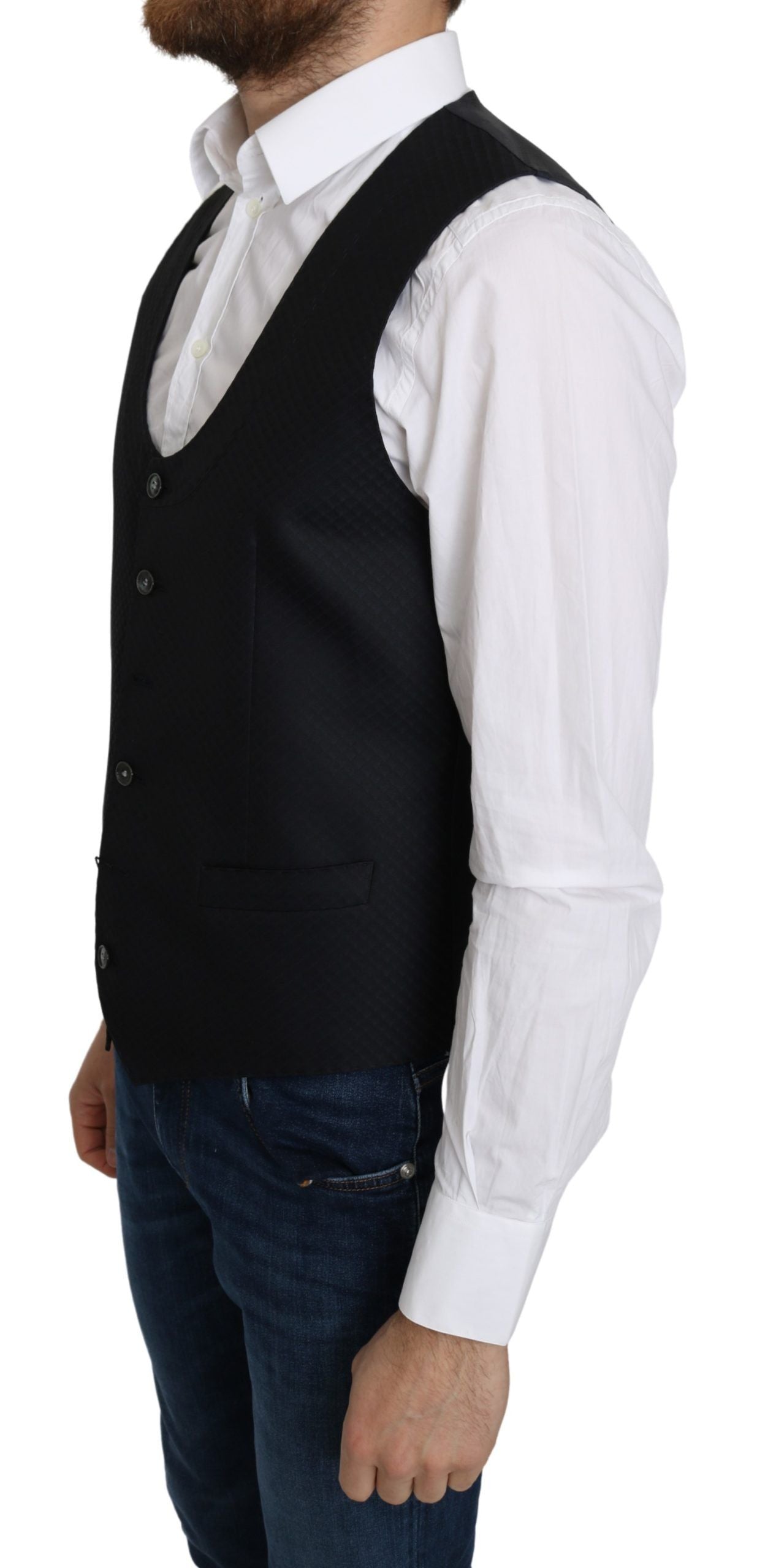 Gilet formel en soie bleue à motif rombules de Dolce & Gabbana, veste élégante pour homme.