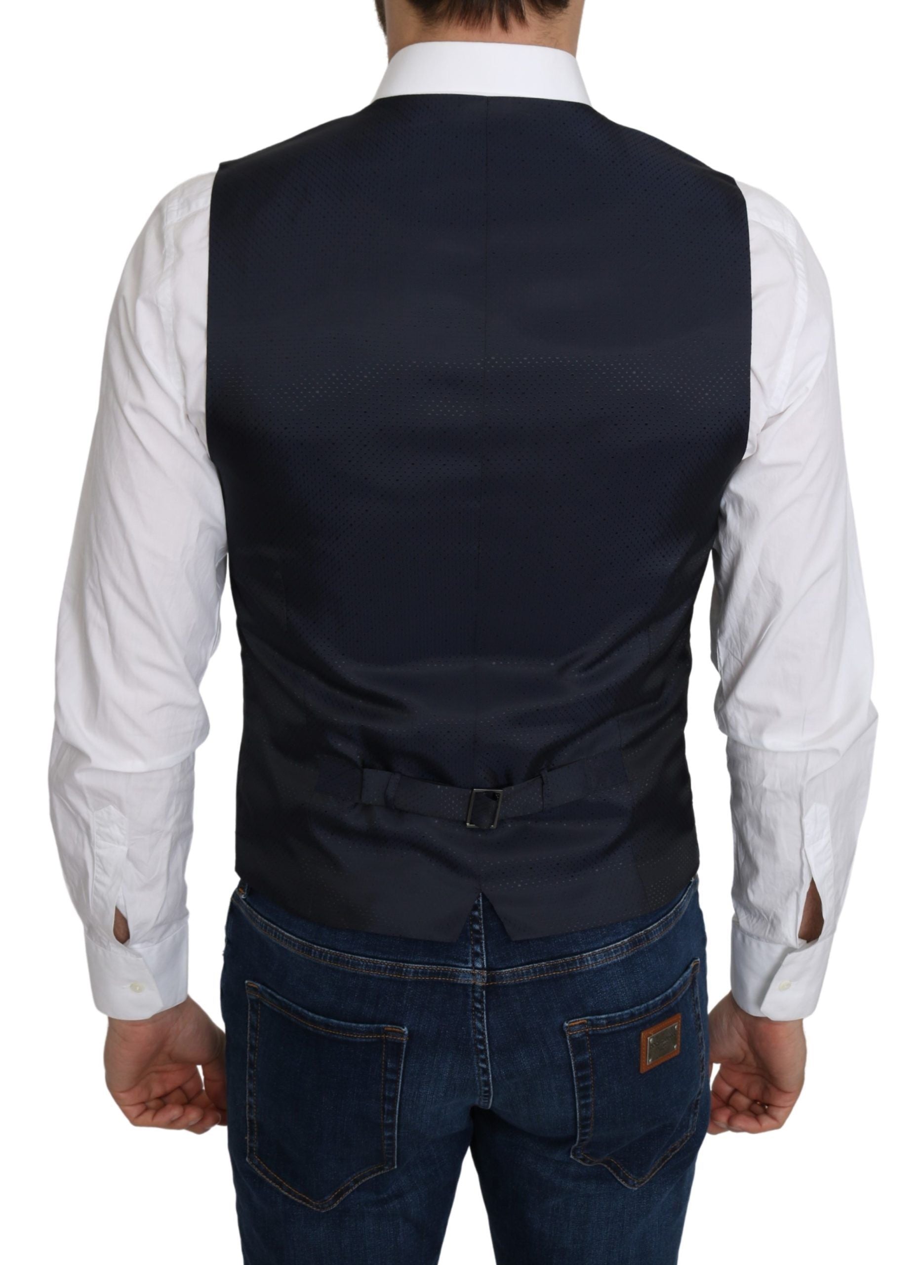 Gilet formel en soie bleue à motif en losange de Dolce & Gabbana, veste élégante avec design sophistiqué.