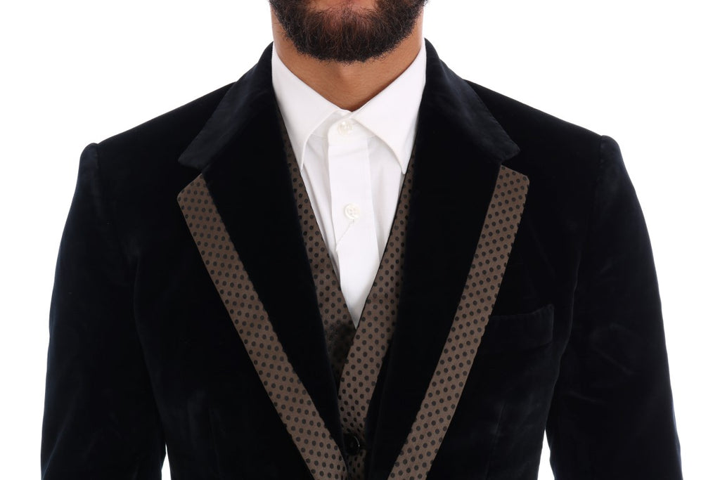Costume slim en velours bleu Dolce & Gabbana à deux boutons, veste trois pièces élégante et sophistiquée.