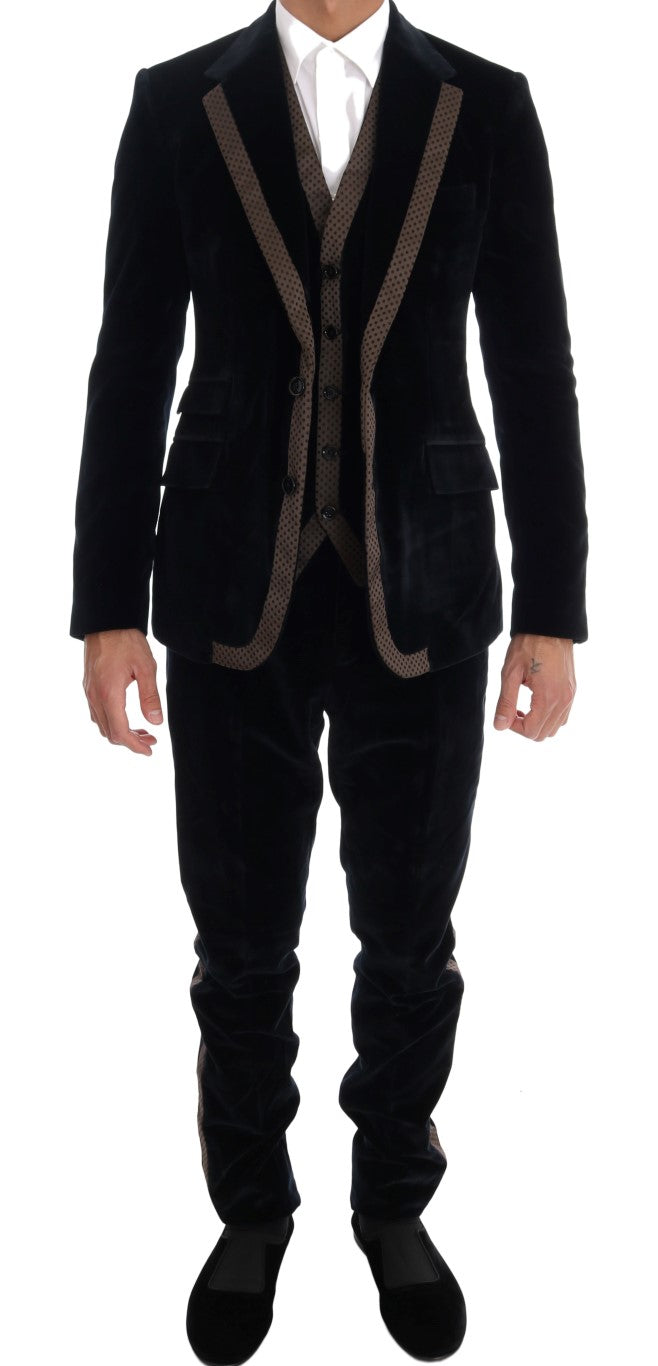 Costume homme Dolce & Gabbana en velours bleu à deux boutons, costume trois pièces slim, élégant et sophistiqué.