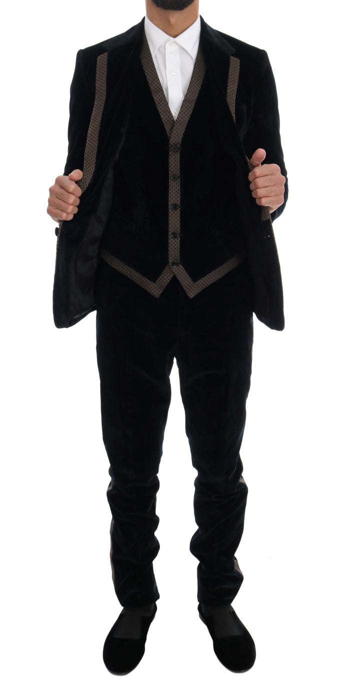 Costume trois pièces en velours bleu Dolce & Gabbana avec deux boutons, élégant et ajusté, pour homme.