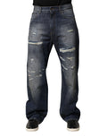 Jeans pour hommes Dolce & Gabbana en coton bleu délavé et usé, style déchiré et tendance, vue de l'avant.
