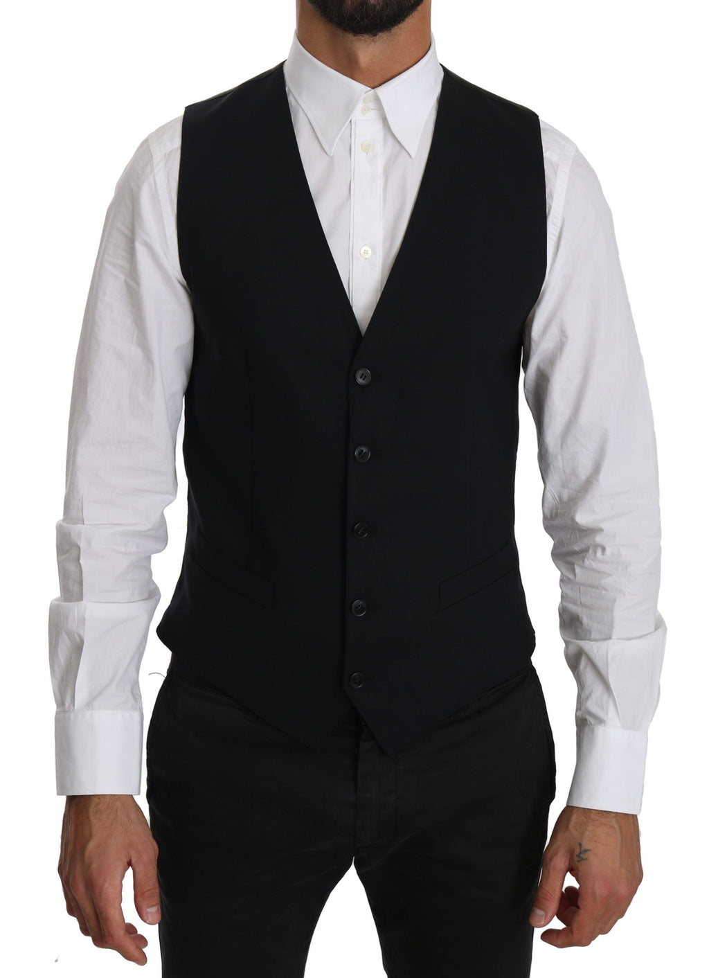 Gilet formel en laine bleue Dolce & Gabbana, veste élégante pour hommes, détail de la coupe et de la texture en gros plan