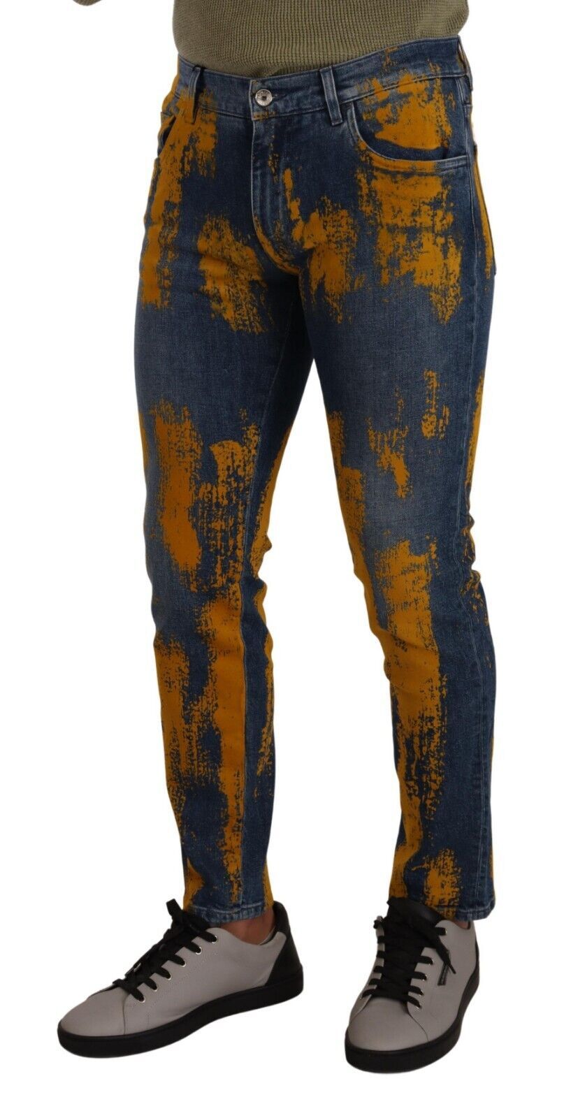 Jeans homme en denim skinny Dolce & Gabbana avec teinture bleue et jaune, coton, style moderne et tendance.