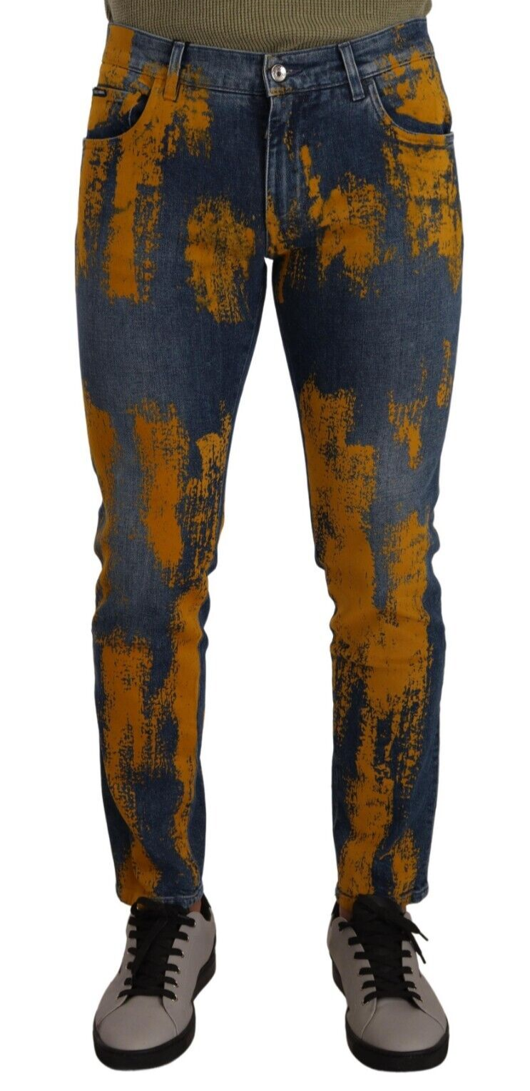 Jean skinny en denim coton jaune et bleu de Dolce & Gabbana pour homme, avec détails de teinture vibrante.