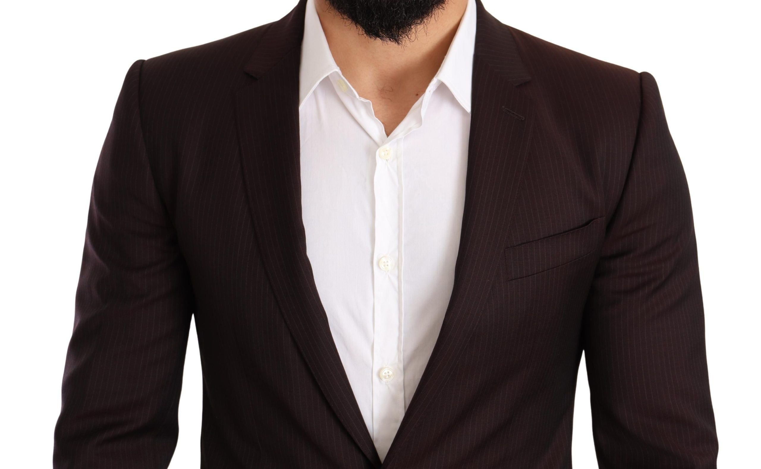 Costume Dolce & Gabbana en laine bordeaux, coupe slim fit, style Martini, veste et pantalon élégants.