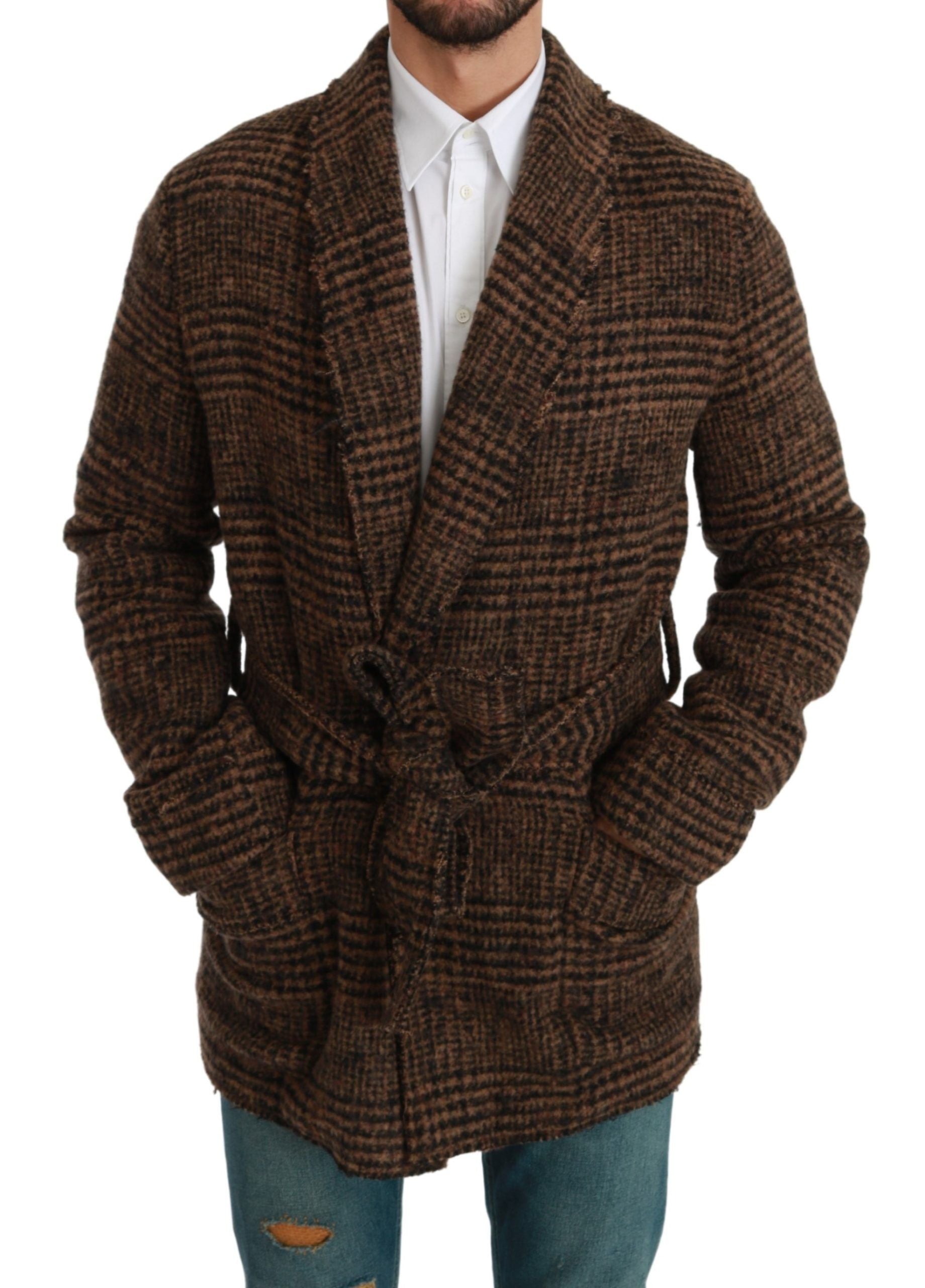 Manteau en laine à carreaux marron Dolce & Gabbana, robe ou veste enveloppante élégante et chaude, vue de face.