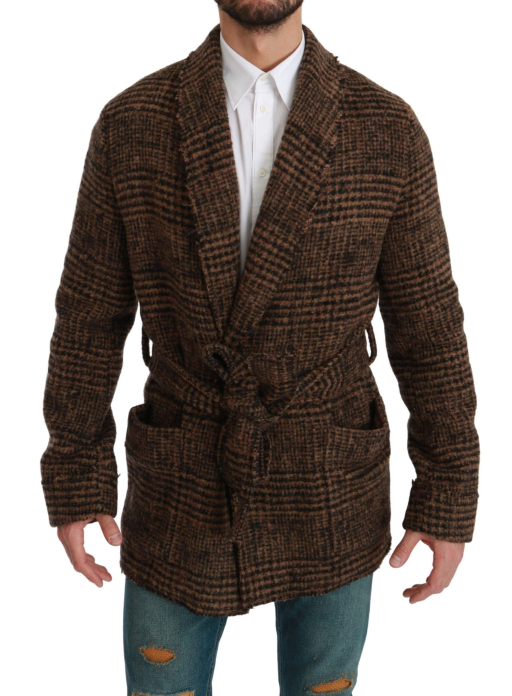 Manteau en laine à carreaux marron Dolce & Gabbana, robe ou veste enveloppante élégante et chaude, vue de face sur mannequin.
