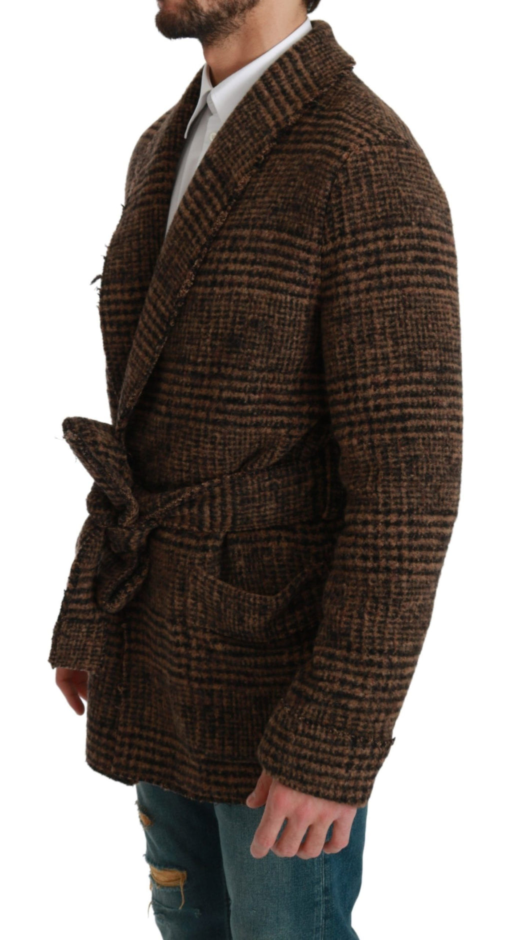 Robe manteau en laine à carreaux marron de Dolce & Gabbana, veste enveloppante élégante et chaude.