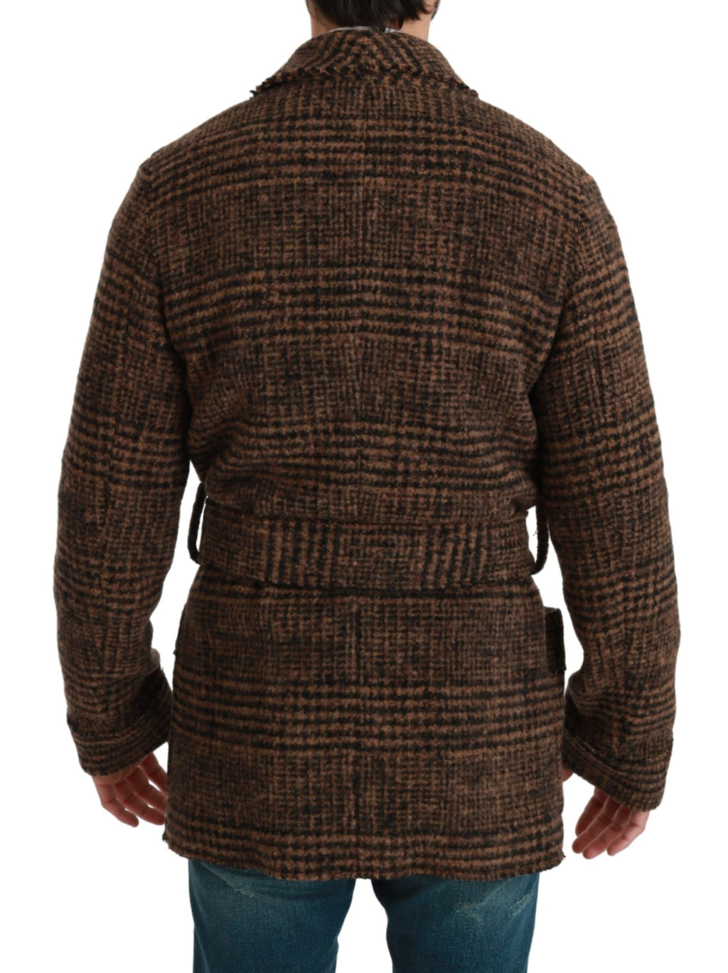 Manteau en laine marron à carreaux de Dolce & Gabbana, robe ou veste ample, élégante et chaude, avec une coupe enveloppante.