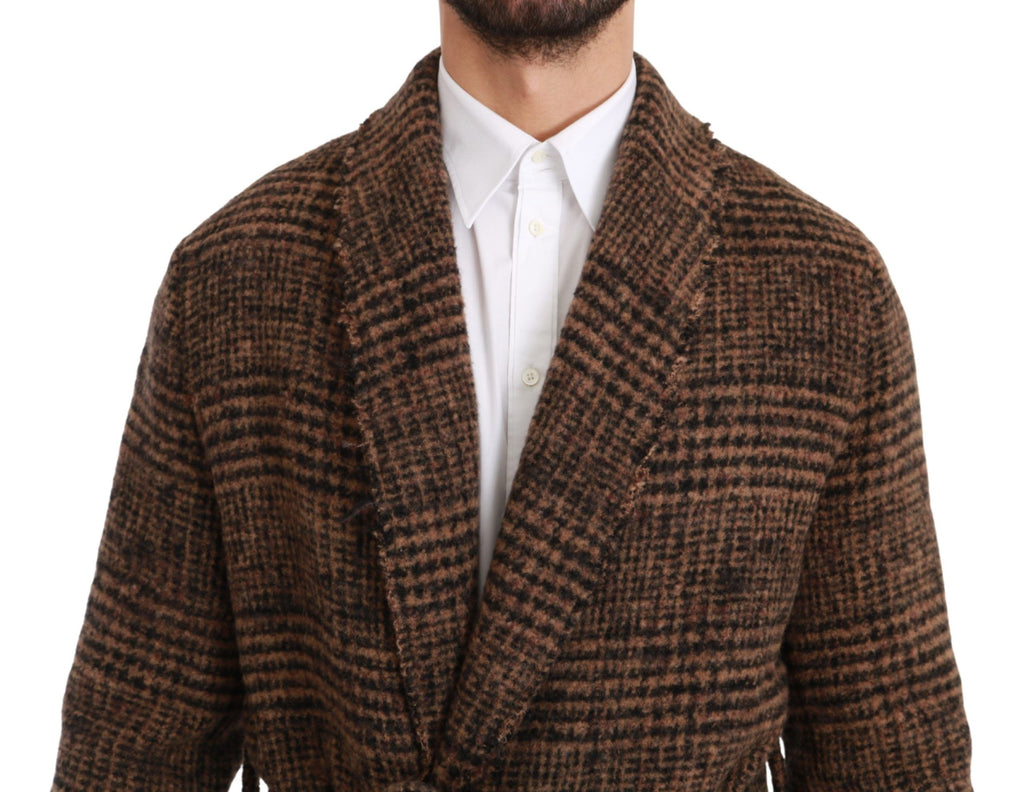 Manteau en laine marron à carreaux de Dolce & Gabbana, veste kimono élégante avec ceinture et coupe ample.