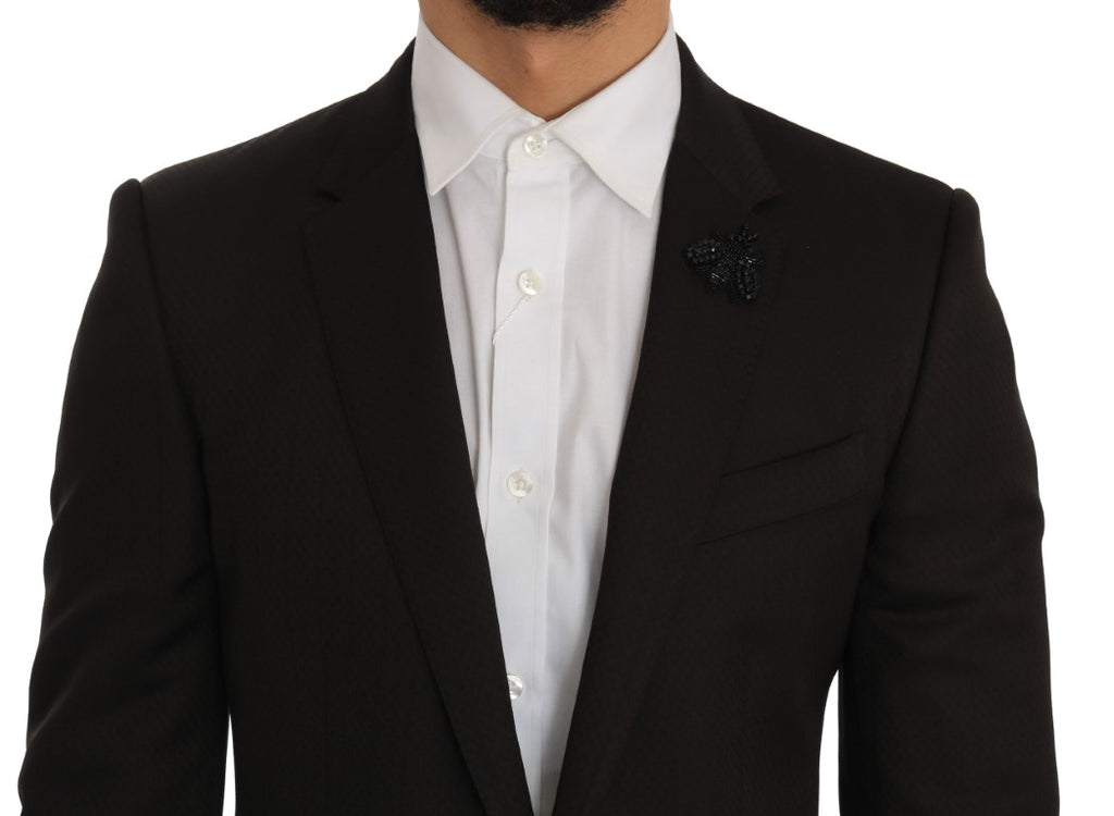 Veste en laine marron Dolce & Gabbana avec broderie d'abeille en cristal, coupe slim, style élégant et sophistiqué.