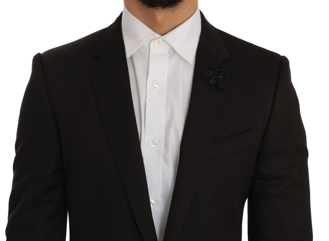 Veste en laine marron Dolce & Gabbana avec broderie d'abeille en cristal, coupe slim, style élégant et sophistiqué.