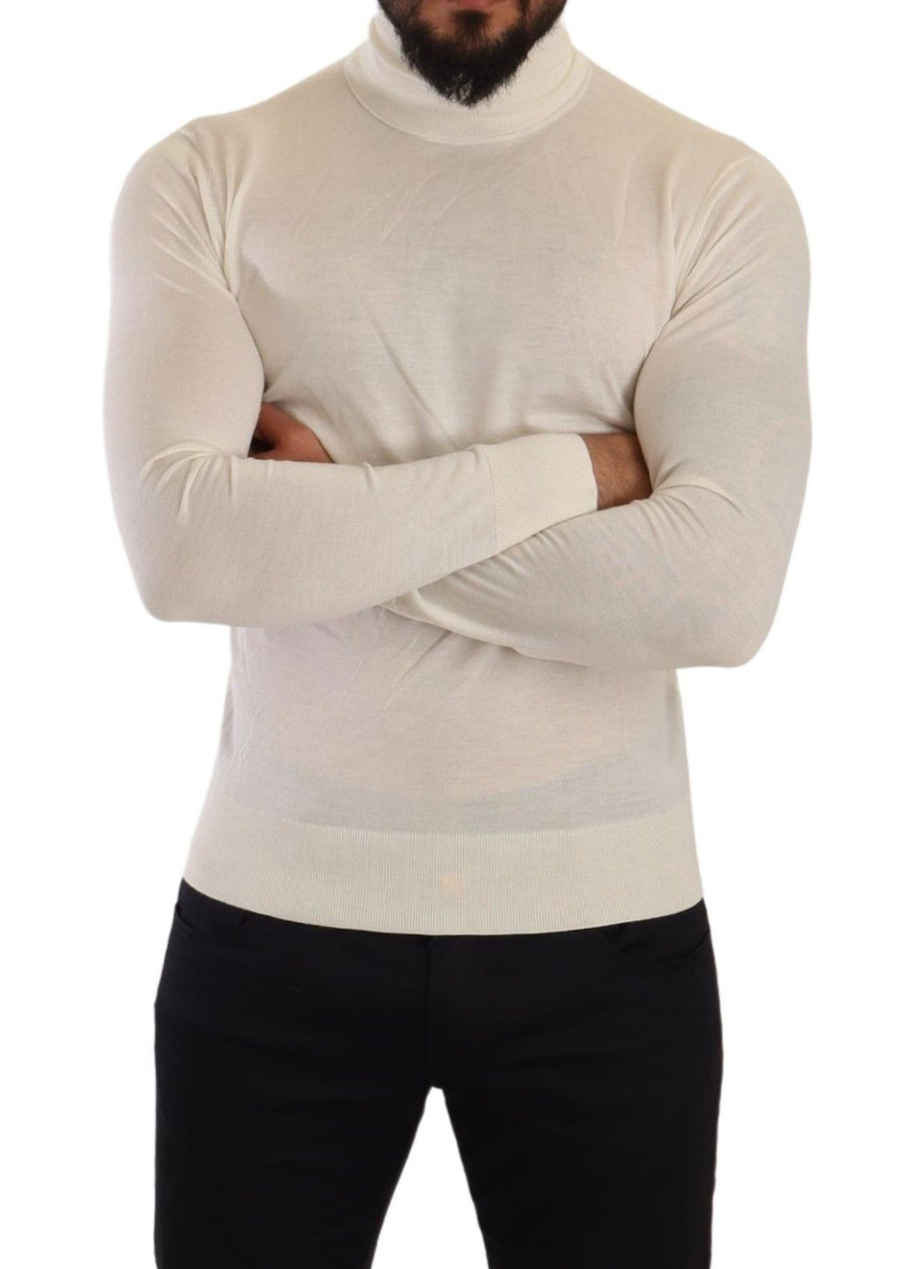 Pull en cachemire crème Dolce & Gabbana à col roulé, doux et élégant, visible en gros plan sur l’image.