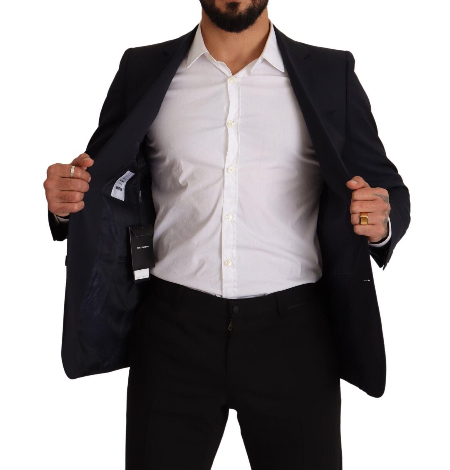 Manteau bleu foncé Dolce & Gabbana Martini blazer à boutonnière simple, en laine, porté sur un mannequin.