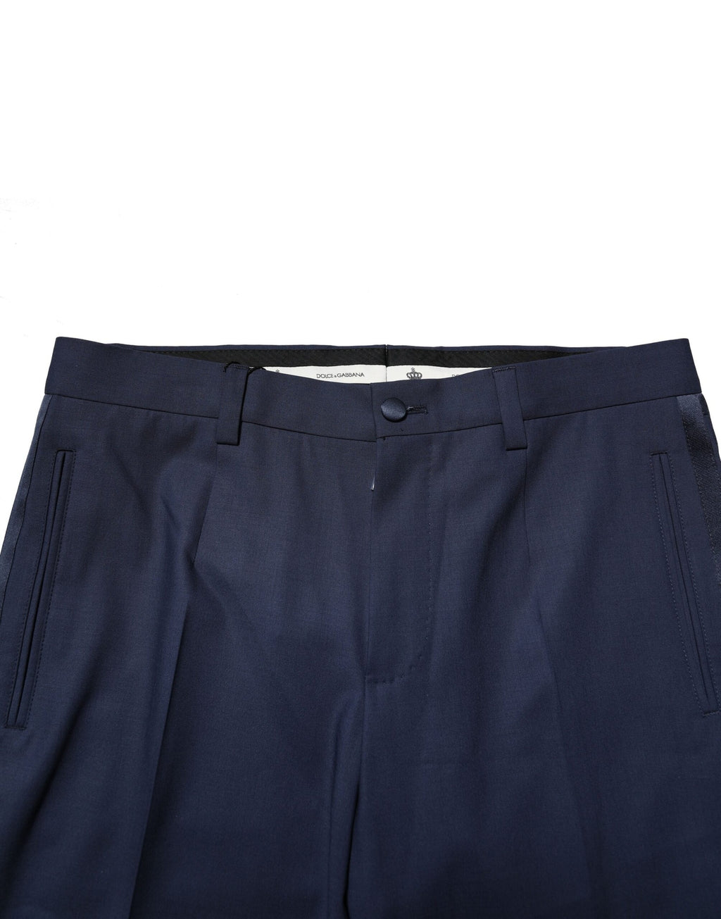 Pantalon formel en laine bleu foncé de Dolce & Gabbana, style élégant et sophistiqué pour occasion spéciale.
