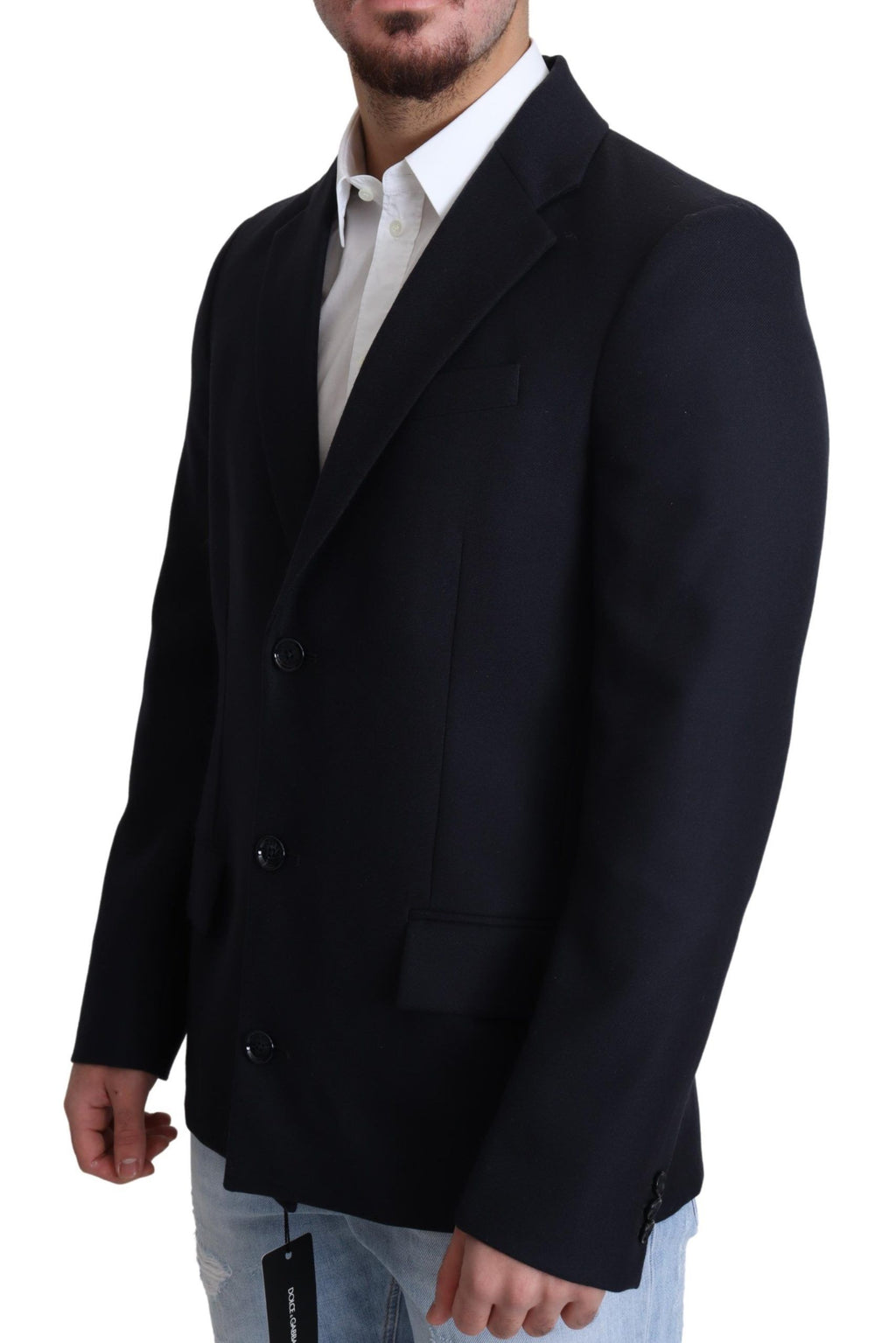 Manteau en laine bleu foncé à un seul boutonnage de Dolce & Gabbana, veste élégante pour homme.