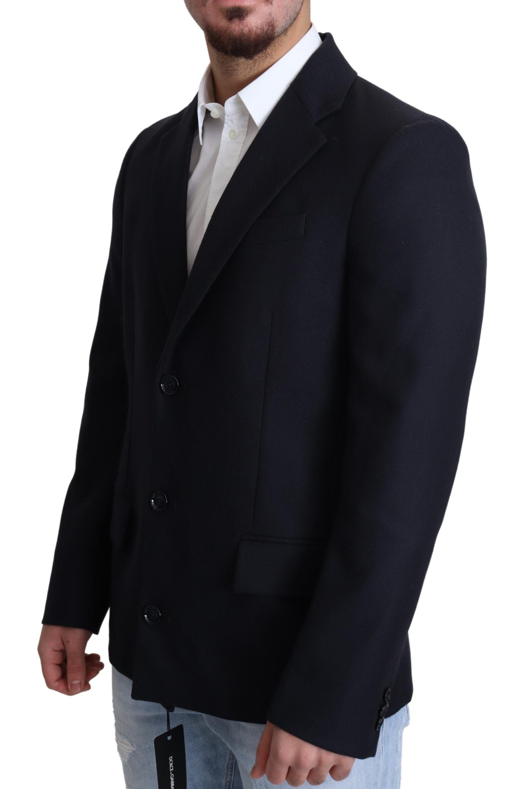 Manteau en laine bleu foncé à un seul boutonnage de Dolce & Gabbana, veste élégante pour homme.