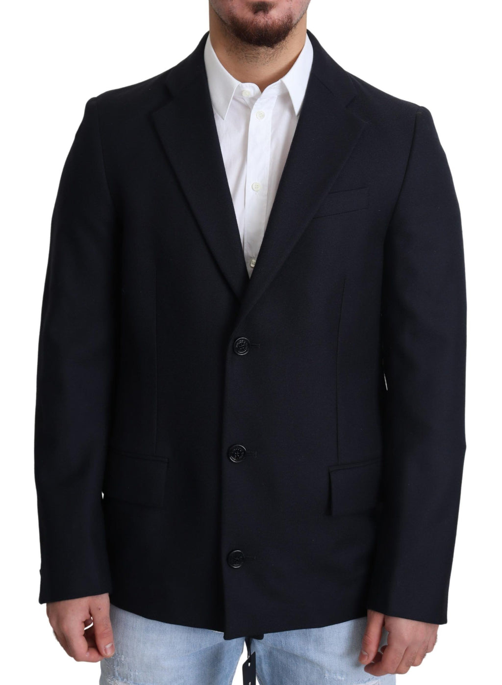 Manteau en laine bleu foncé à un seul boutonnage de Dolce & Gabbana, veste élégante pour homme ou femme.