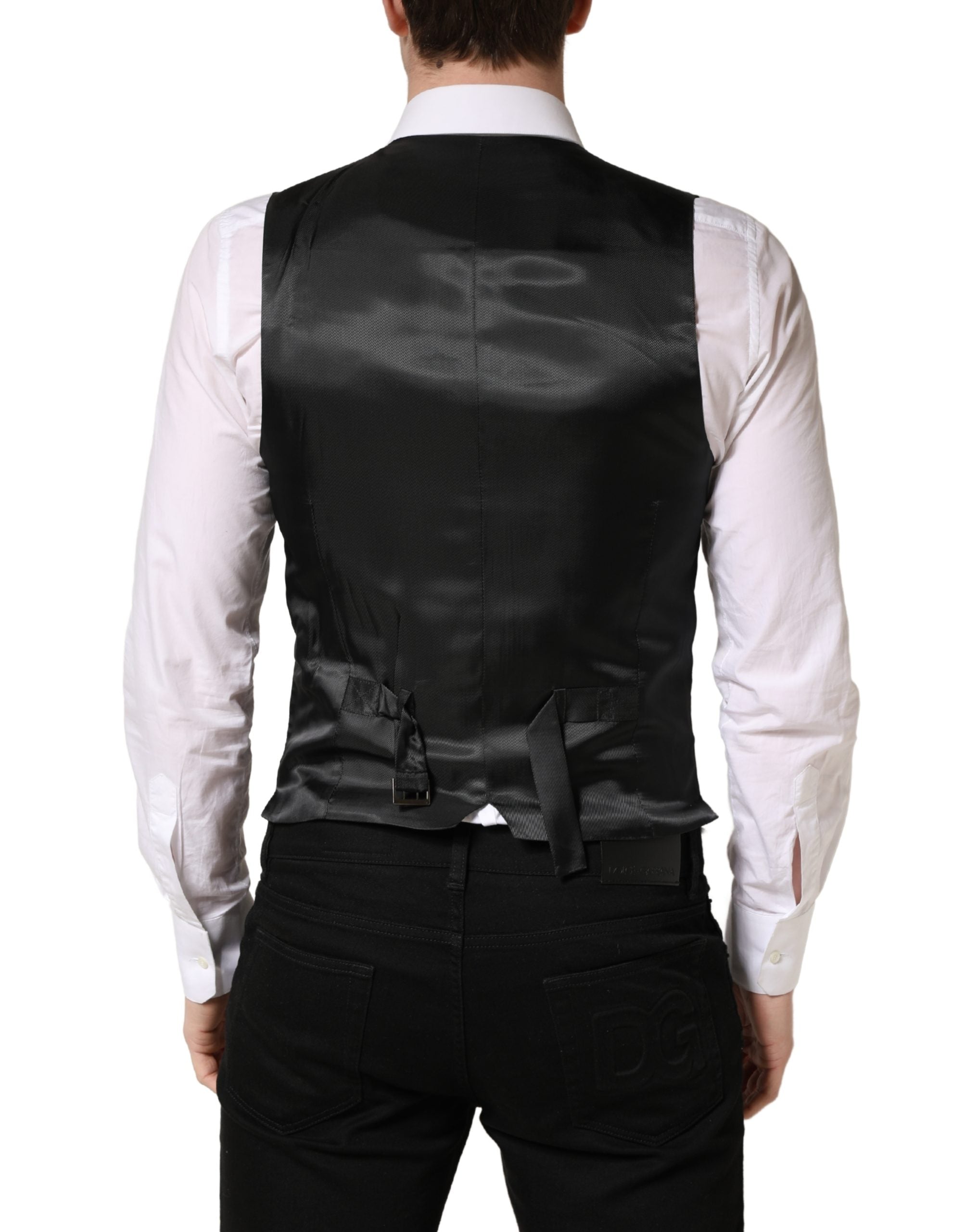 Gilet de costume en laine gris foncé de Dolce & Gabbana, veste formelle pour homme, détails élégants et coupe ajustée.