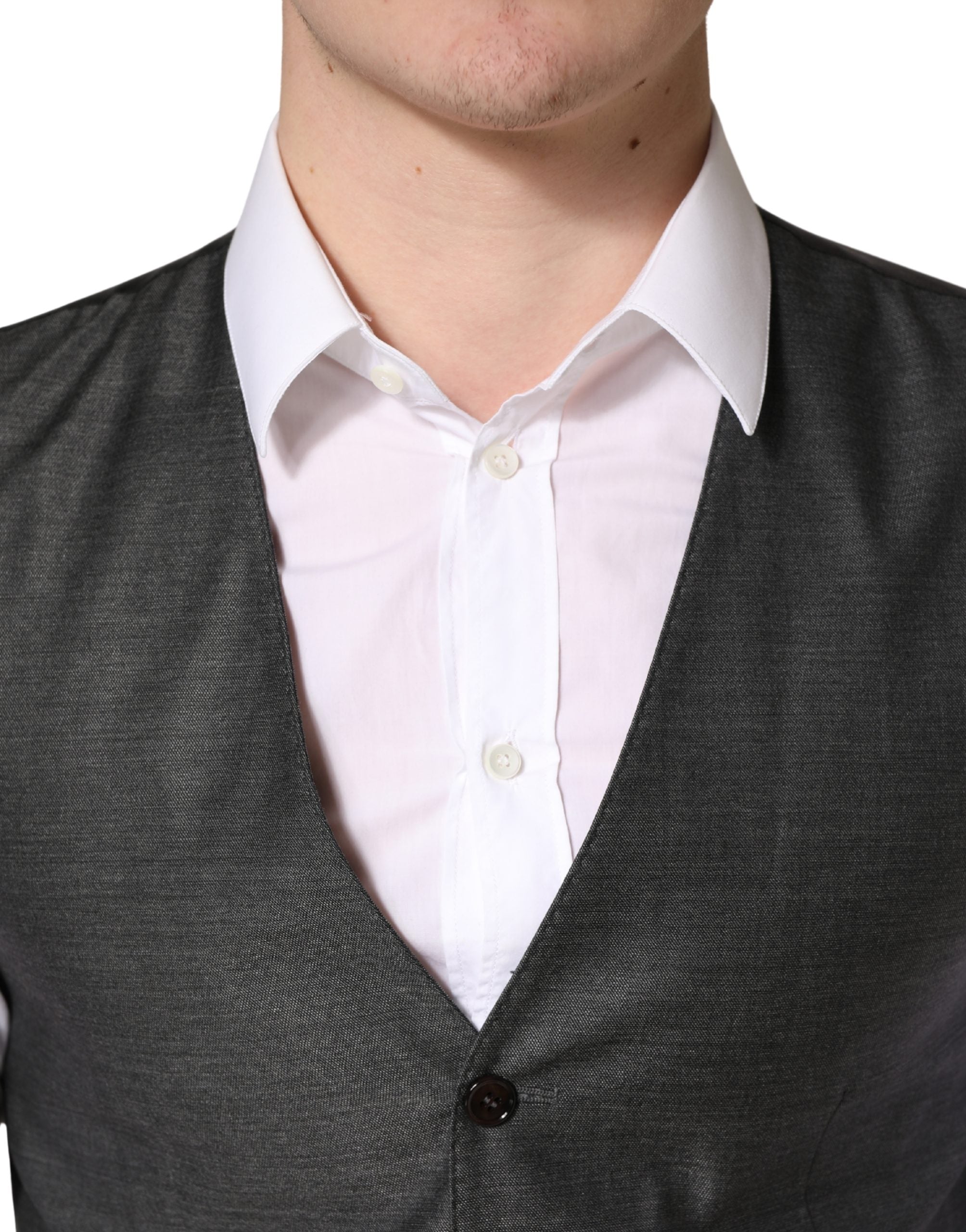 Gilet en laine gris foncé Dolce & Gabbana, veste formelle pour homme, détail élégant et couture raffinée.