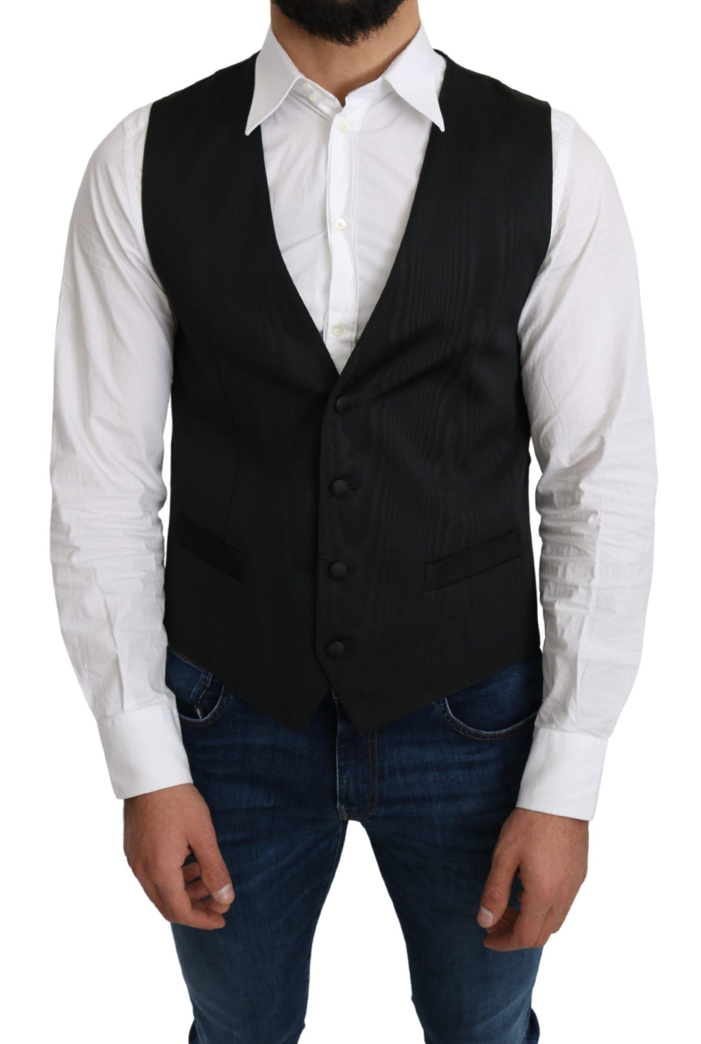 Veste formelle en soie grise de Dolce & Gabbana, sans manches, élégante et sophistiquée pour homme.
