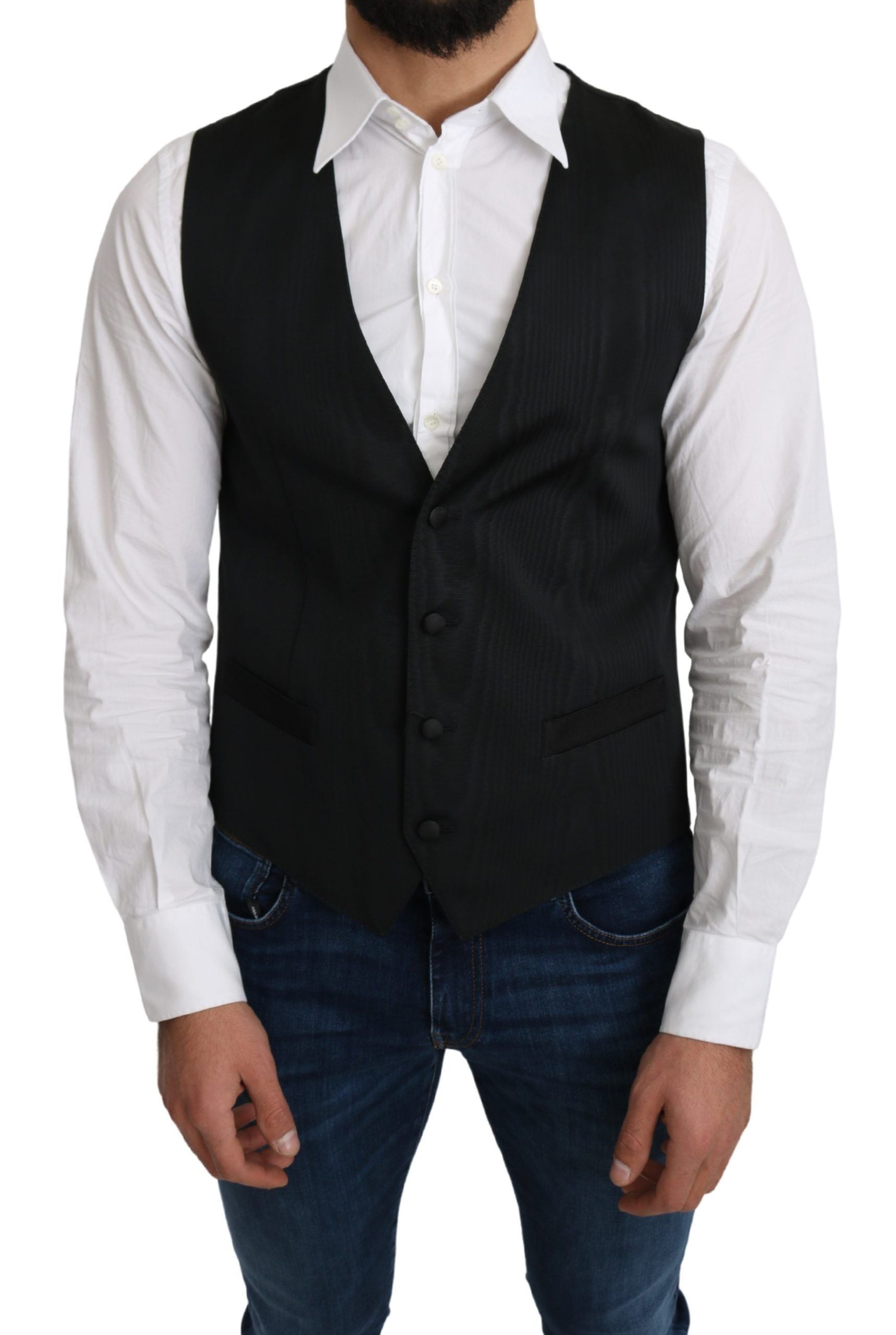 Veste formelle en soie grise de Dolce & Gabbana, sans manches, élégante et sophistiquée pour homme.