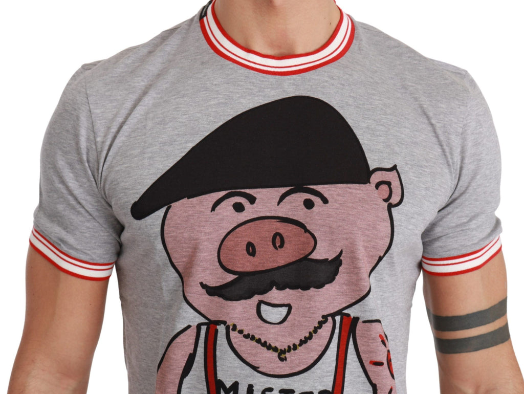 T-shirt gris Dolce & Gabbana en coton avec motif année du Cochon 2019, design élégant et contemporain.