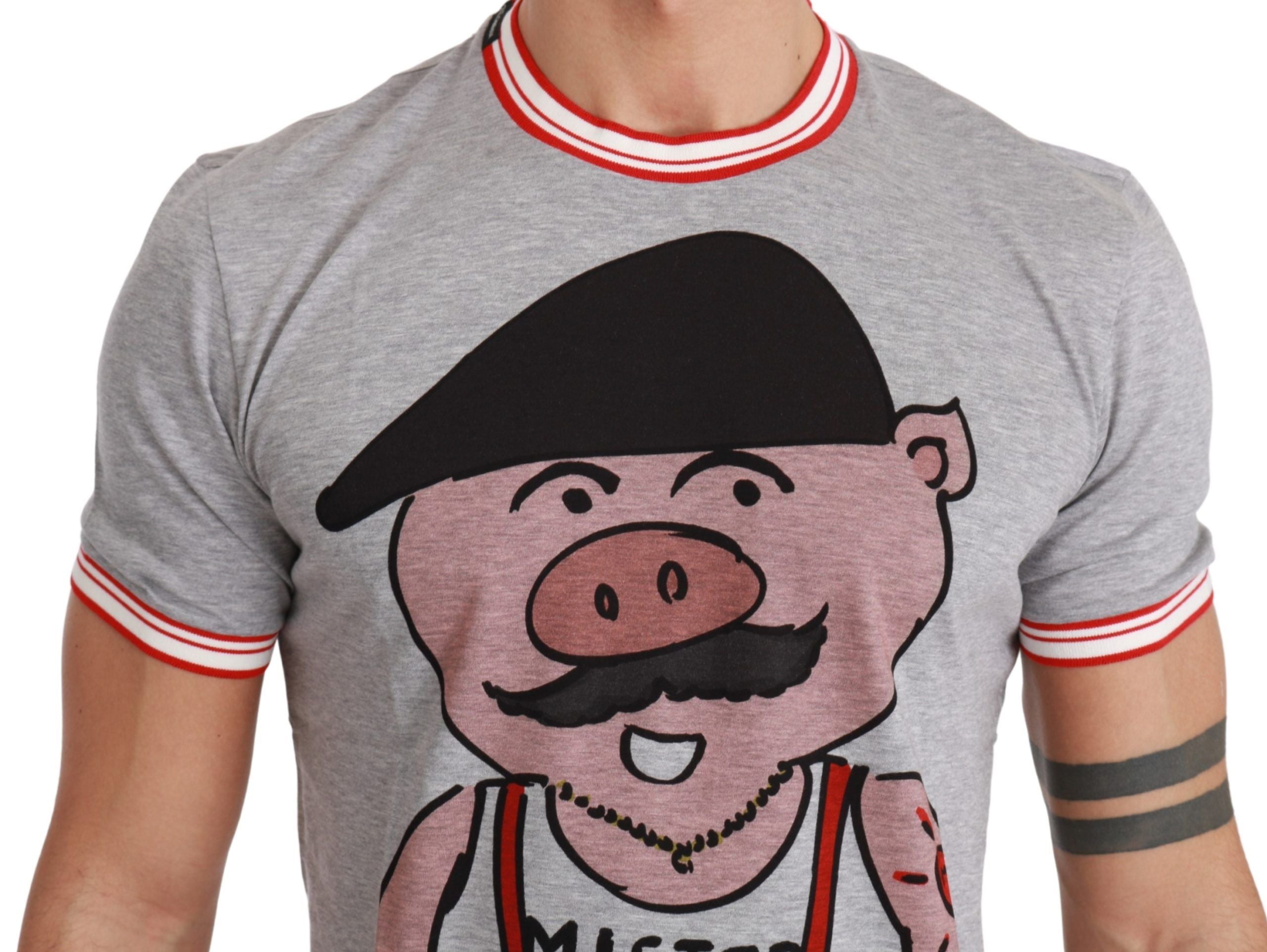 T-shirt gris Dolce & Gabbana en coton avec motif année du Cochon 2019, design élégant et contemporain.