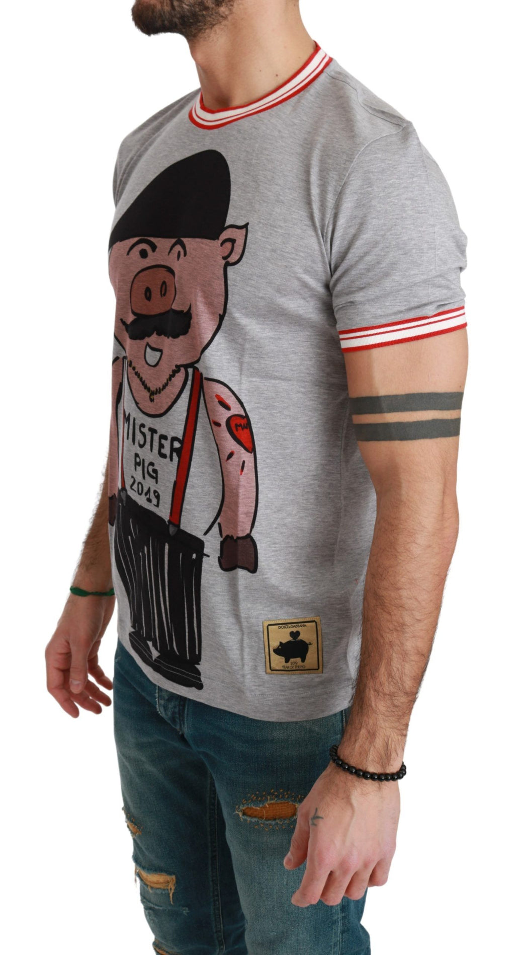 T-shirt gris en coton Dolce & Gabbana Year of the Pig 2019, motif d'un cochon, style décontracté, design moderne.