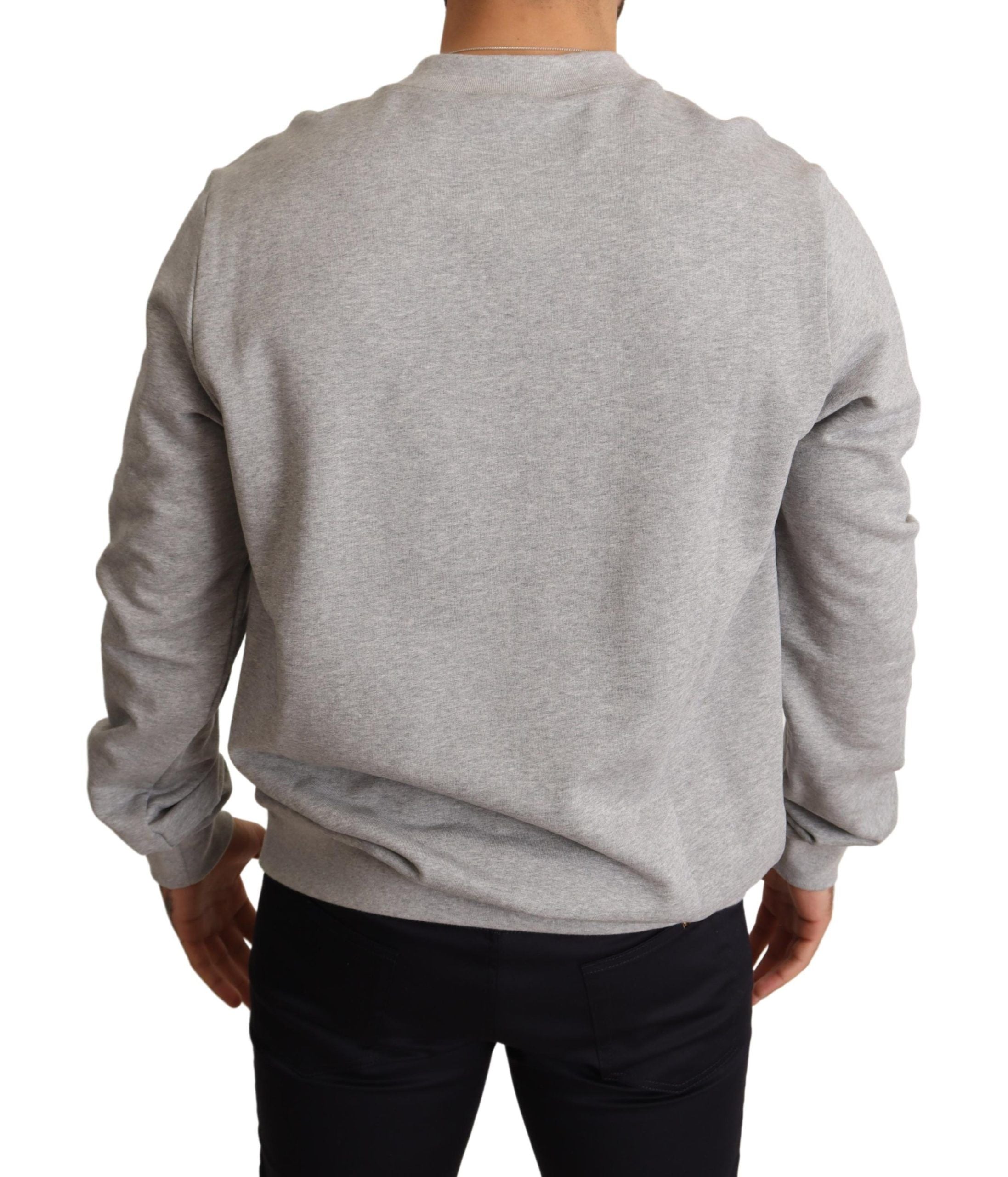 Pull Dolce & Gabbana en coton gris avec motif couronne de roi, manches longues et col rond, style élégant et confortable.