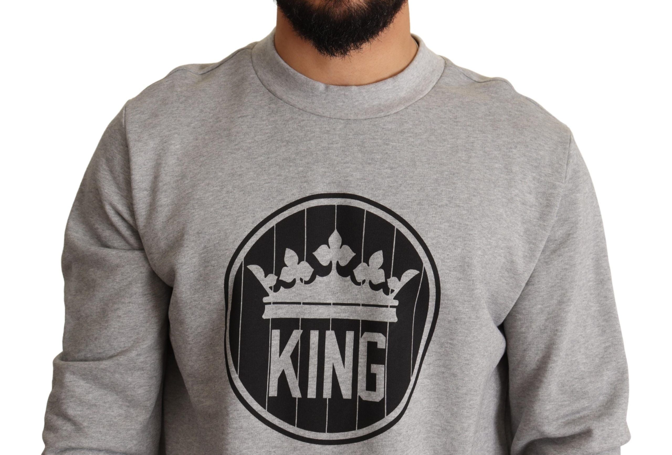 Pull en coton gris Dolce & Gabbana avec imprimé couronne de roi, détails élégants et design moderne.