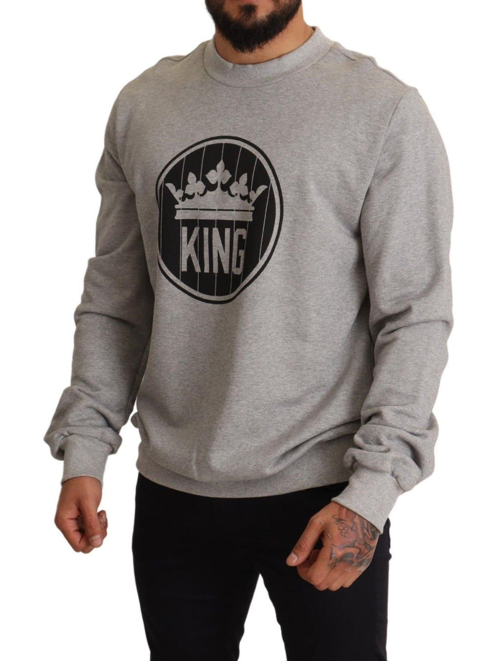 Pull en coton gris Dolce & Gabbana avec logo couronne King Print, détail en tissu doux et motif imprimé sur le devant.