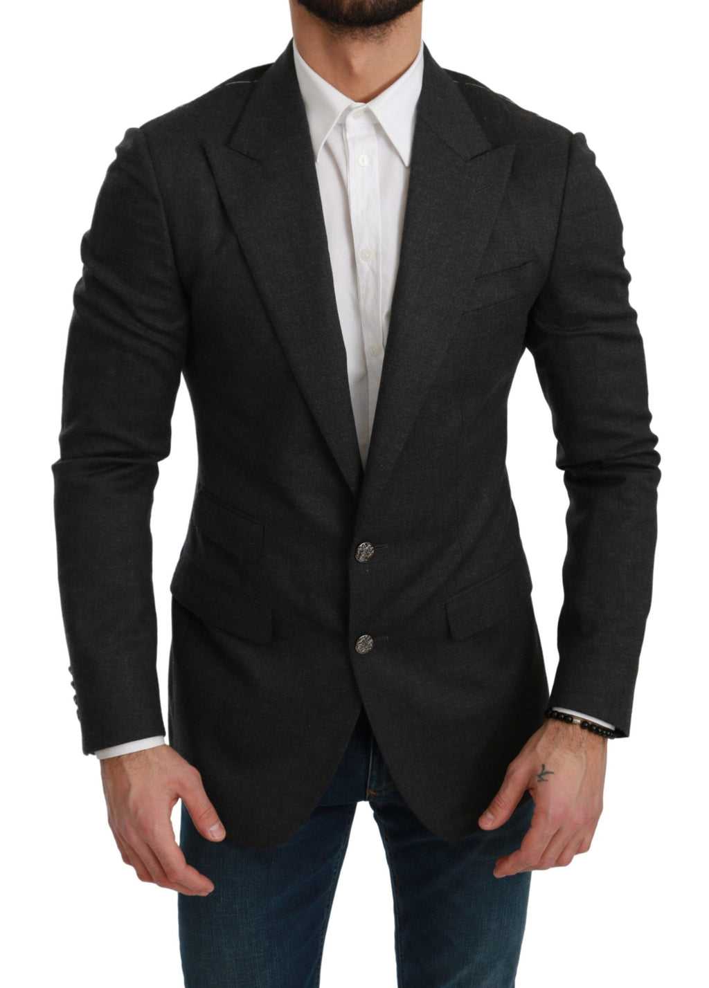 Veste blazer en laine gris Napoli de Dolce & Gabbana, coupe slim fit, élégante et sophistiquée.