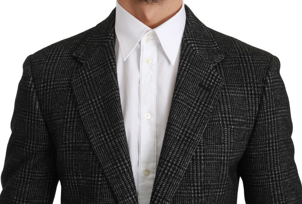 Veste blazer slim fit en laine à carreaux gris Dolce & Gabbana, détails sophistiqués, style élégant et moderne.