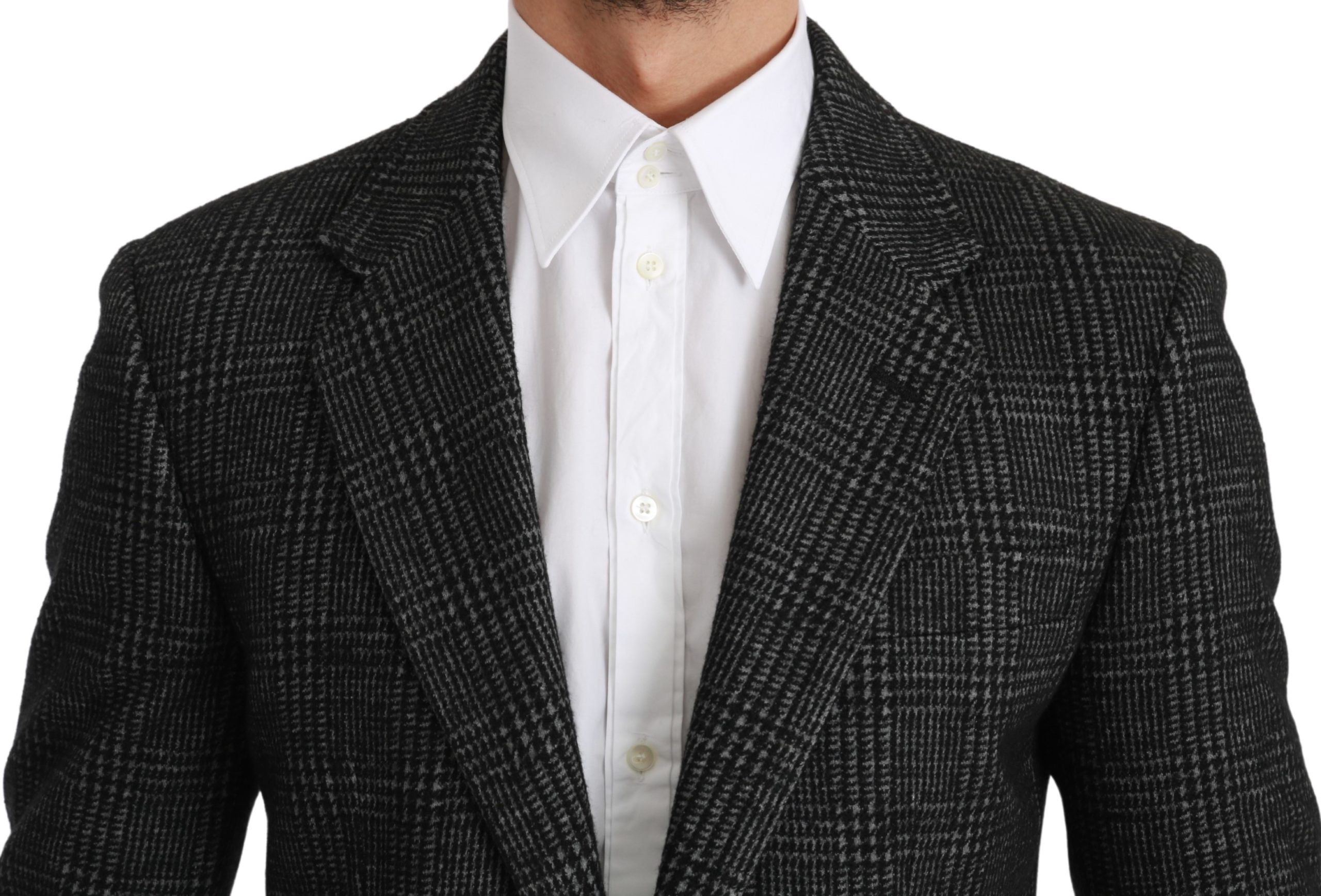 Veste blazer slim fit en laine à carreaux gris Dolce & Gabbana, détails sophistiqués, style élégant et moderne.