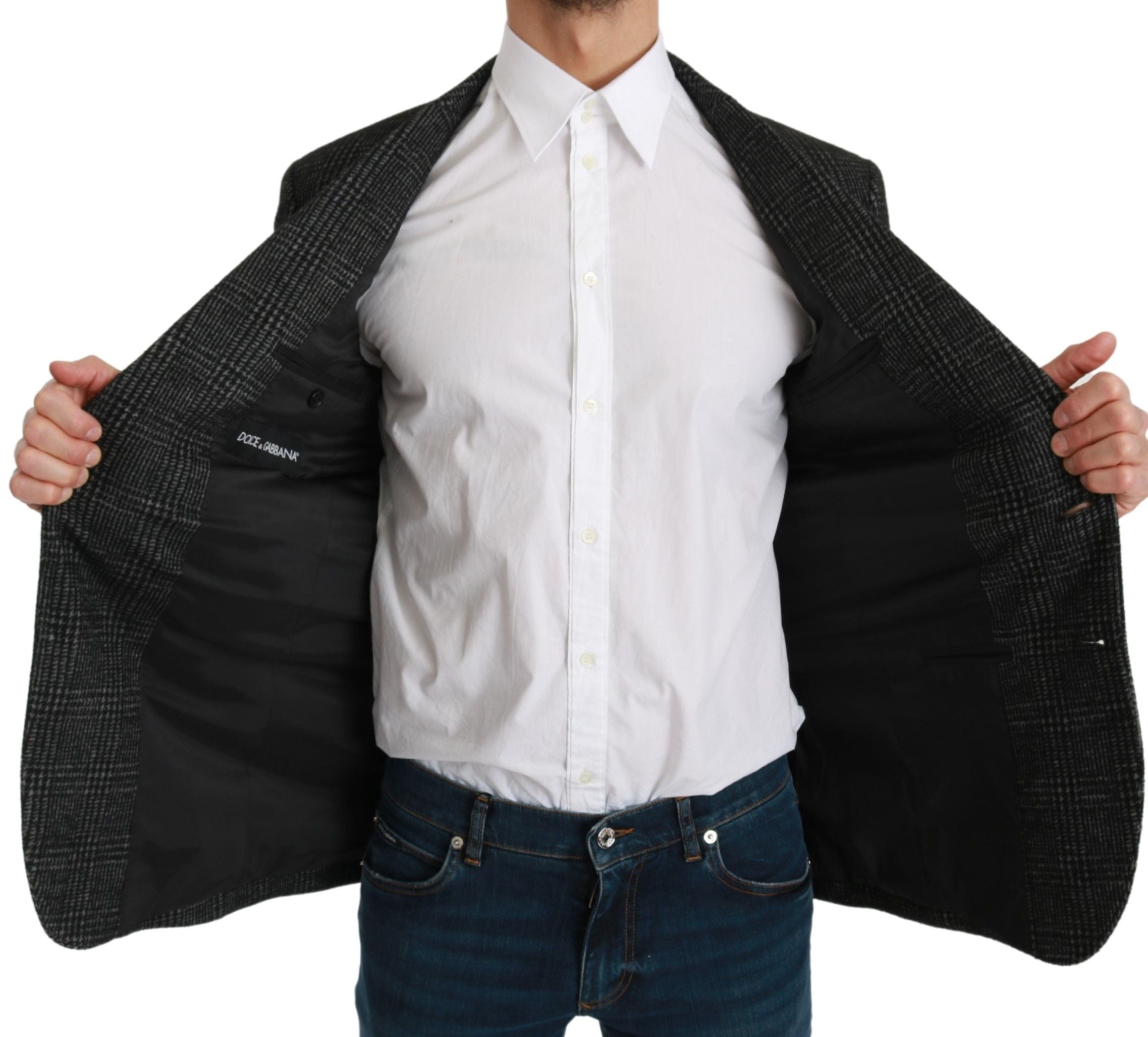 Veste blazer slim fit à carreaux gris Dolce & Gabbana avec col revers et boutons, en tissu à motif à carreaux.