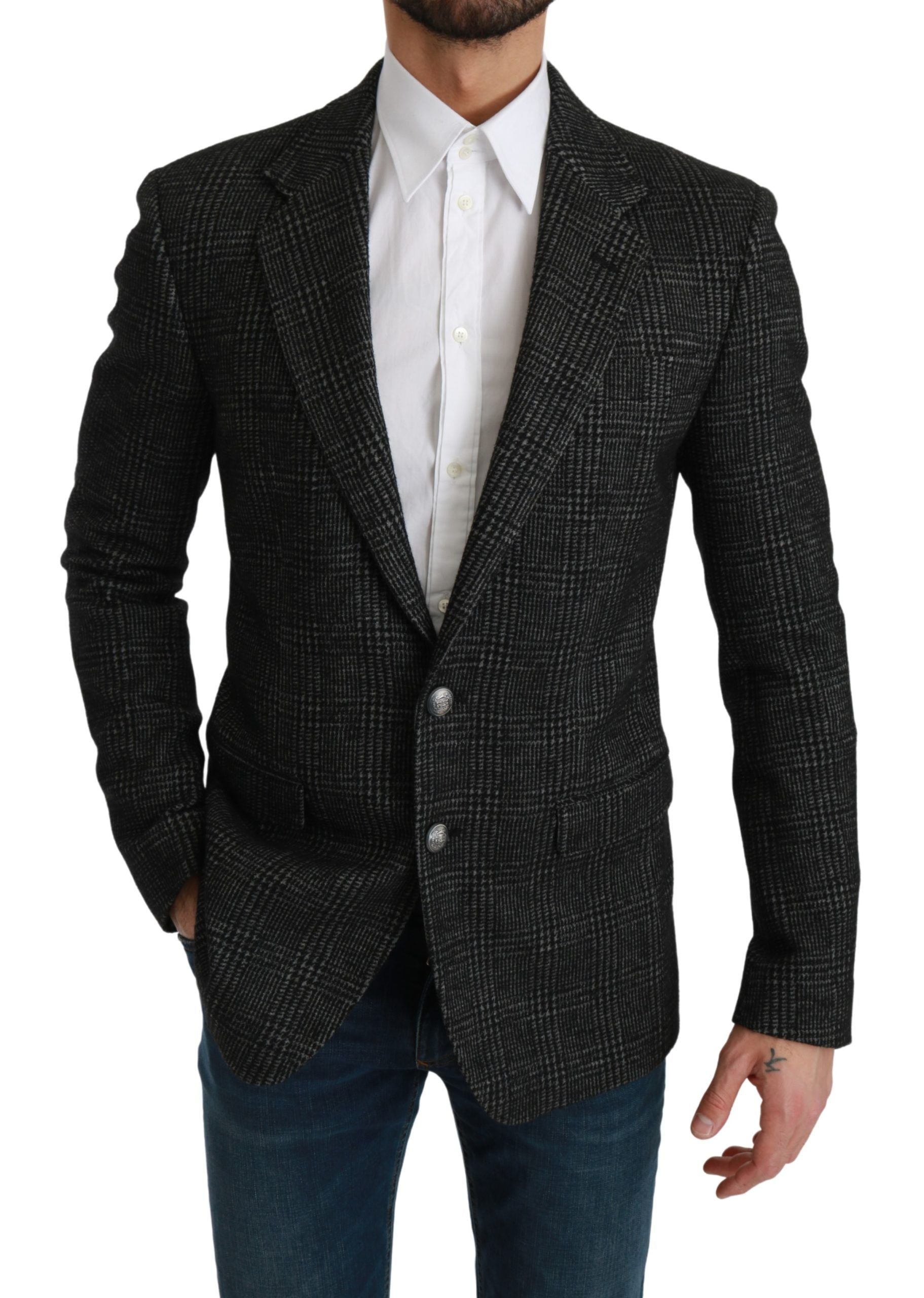 Veste blazer slim fit à carreaux gris Dolce & Gabbana, en tissu à motif tartan avec col classique et boutons.
