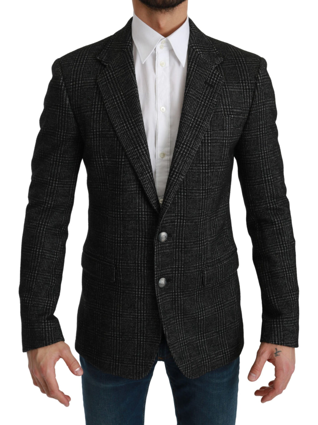 Veste blazer slim fit à carreaux gris de Dolce & Gabbana, élégante et moderne, avec coupe ajustée et motif à carreaux.