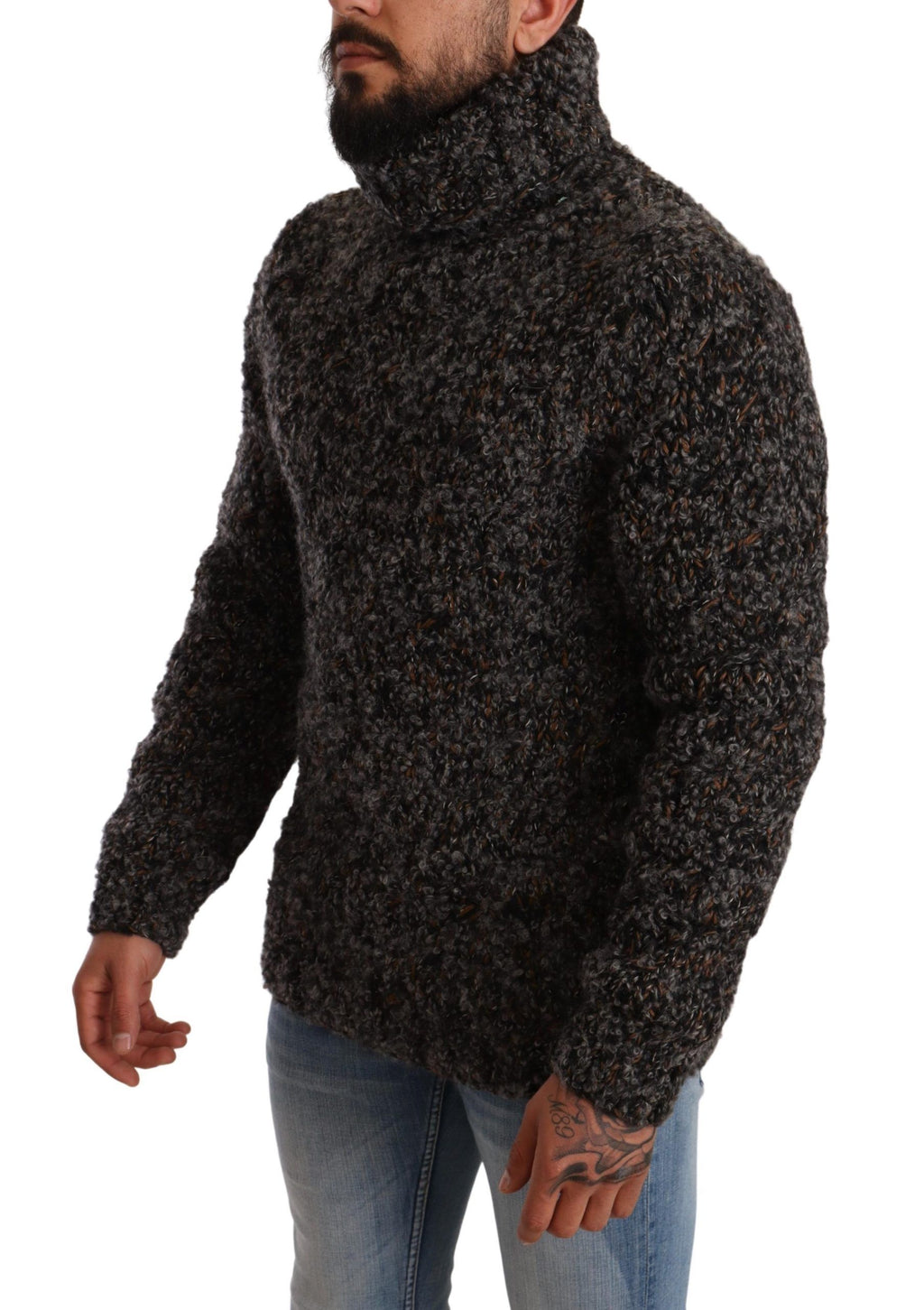 Pull en laine mélangée gris Dolce & Gabbana à col roulé, vue de face, détails du tissu et style élégant.
