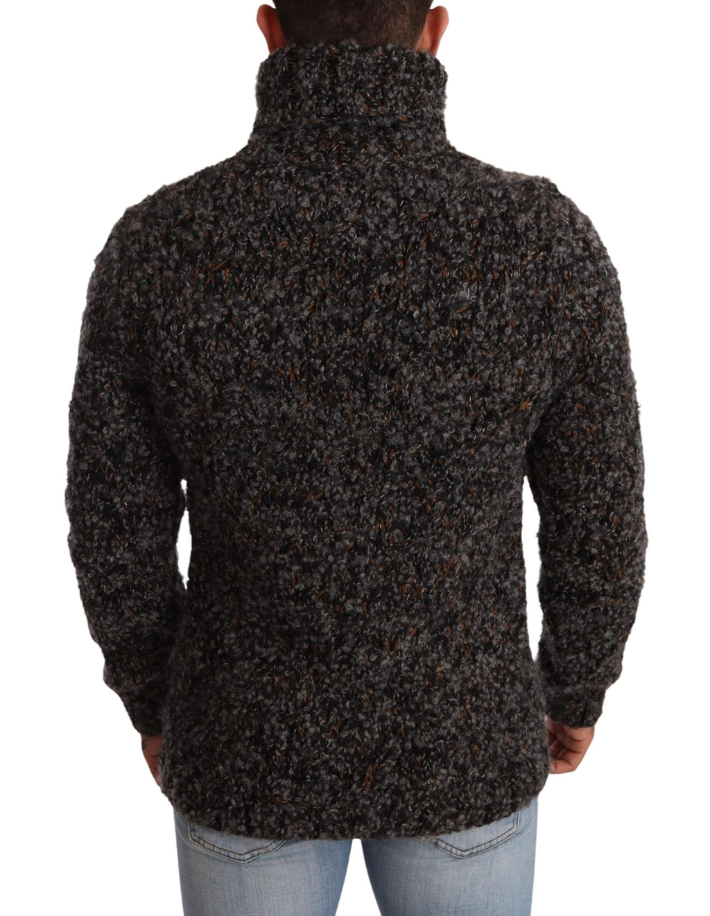 Pull en laine gris Dolce & Gabbana à col roulé, texture douce et élégante, porté sur un mannequin.