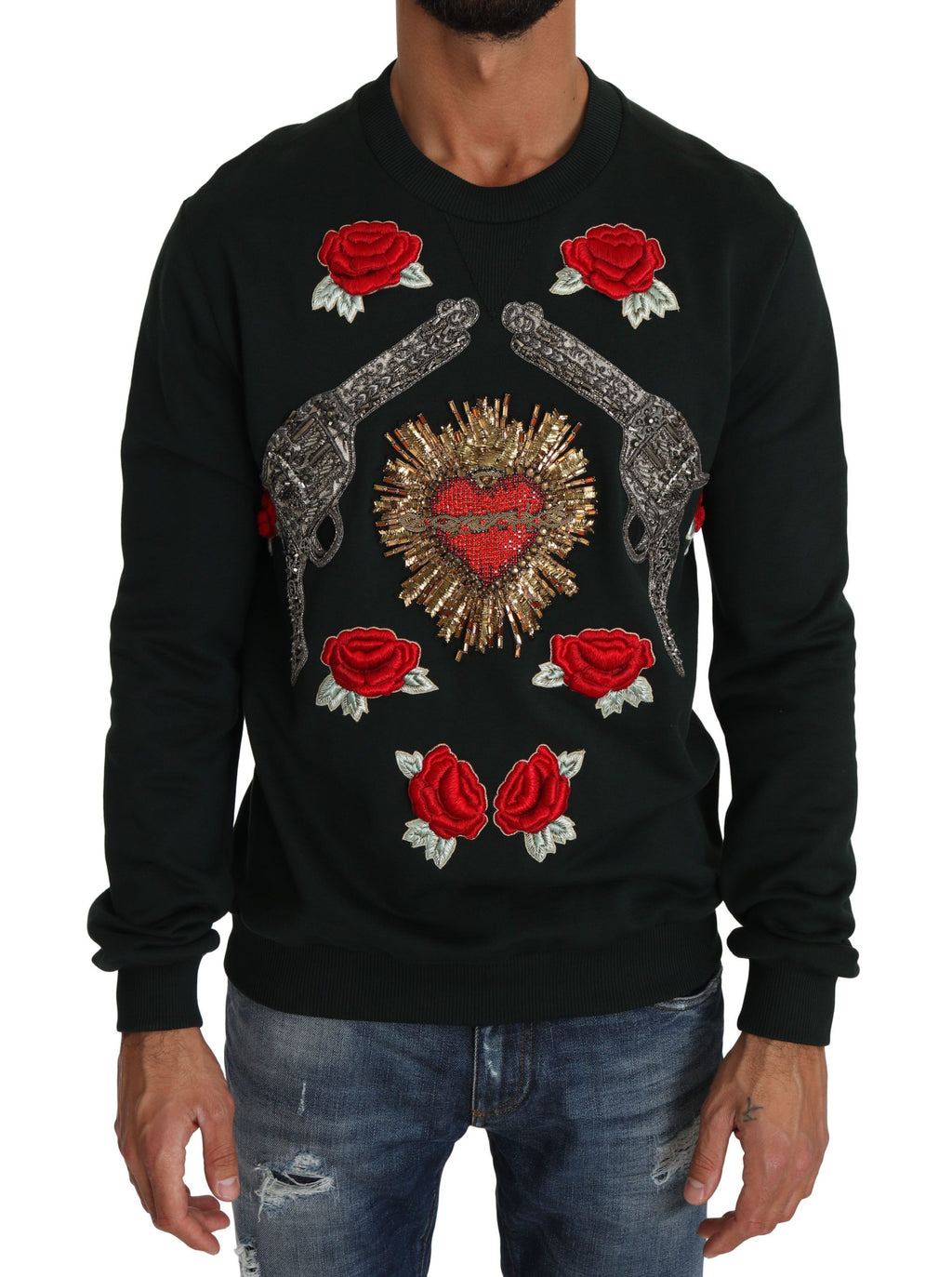 Pull Dolce & Gabbana vert avec cœur en cristal, motifs de roses et design en laine, élégant et coloré.